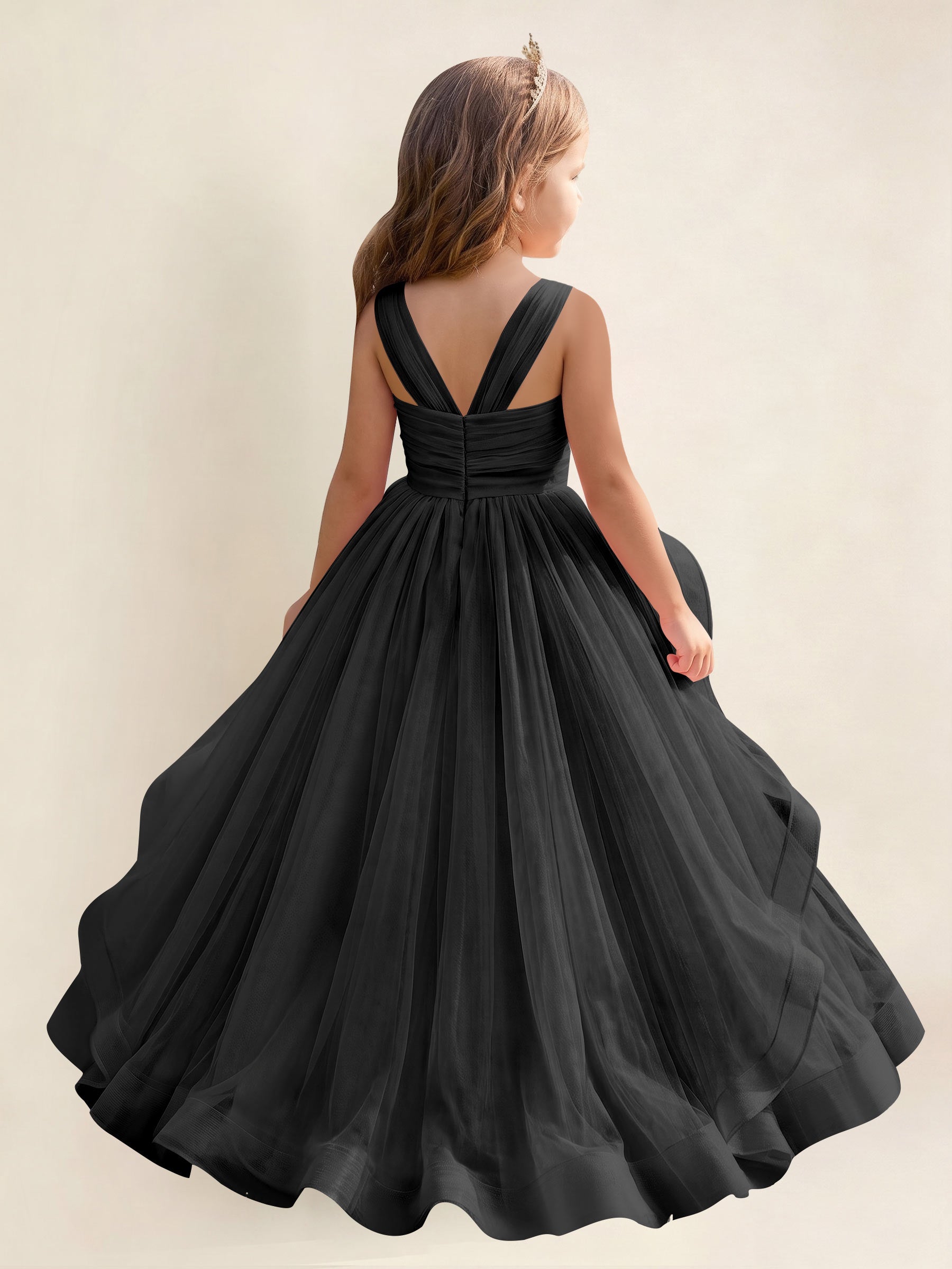 ROVDESY A-Line V-Neck Tulle Flower Girl Dress With Sleeveless Long Ball Gown Dress