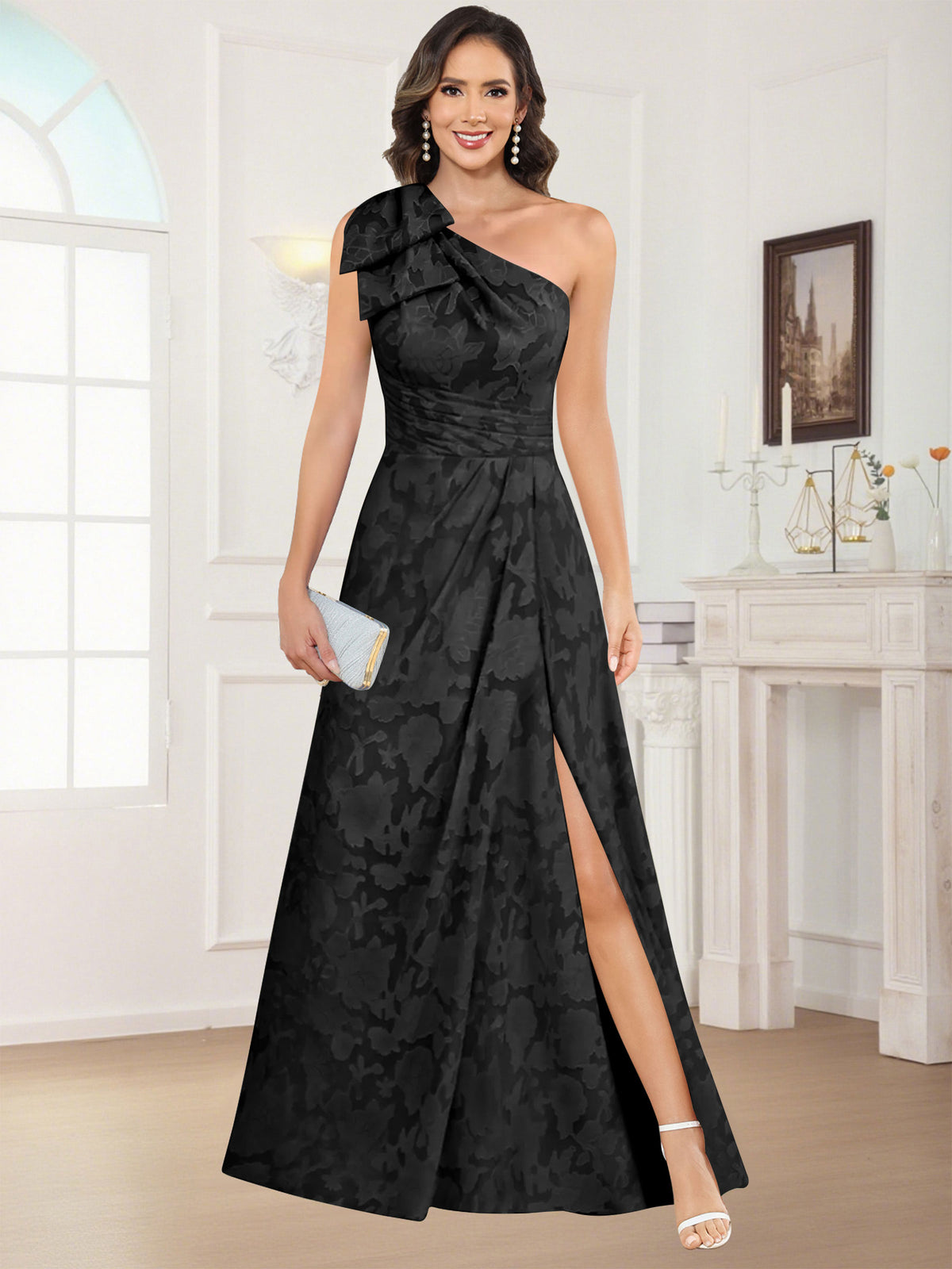 One Shoulder Floral Jacquard Mother of the Bride Dress