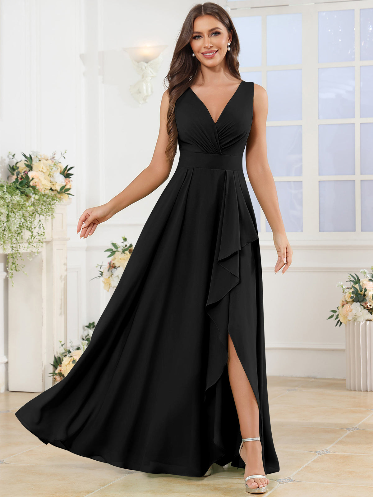 V Neck Chiffon A Line Ruffle Bridesmaid Dress with Slit