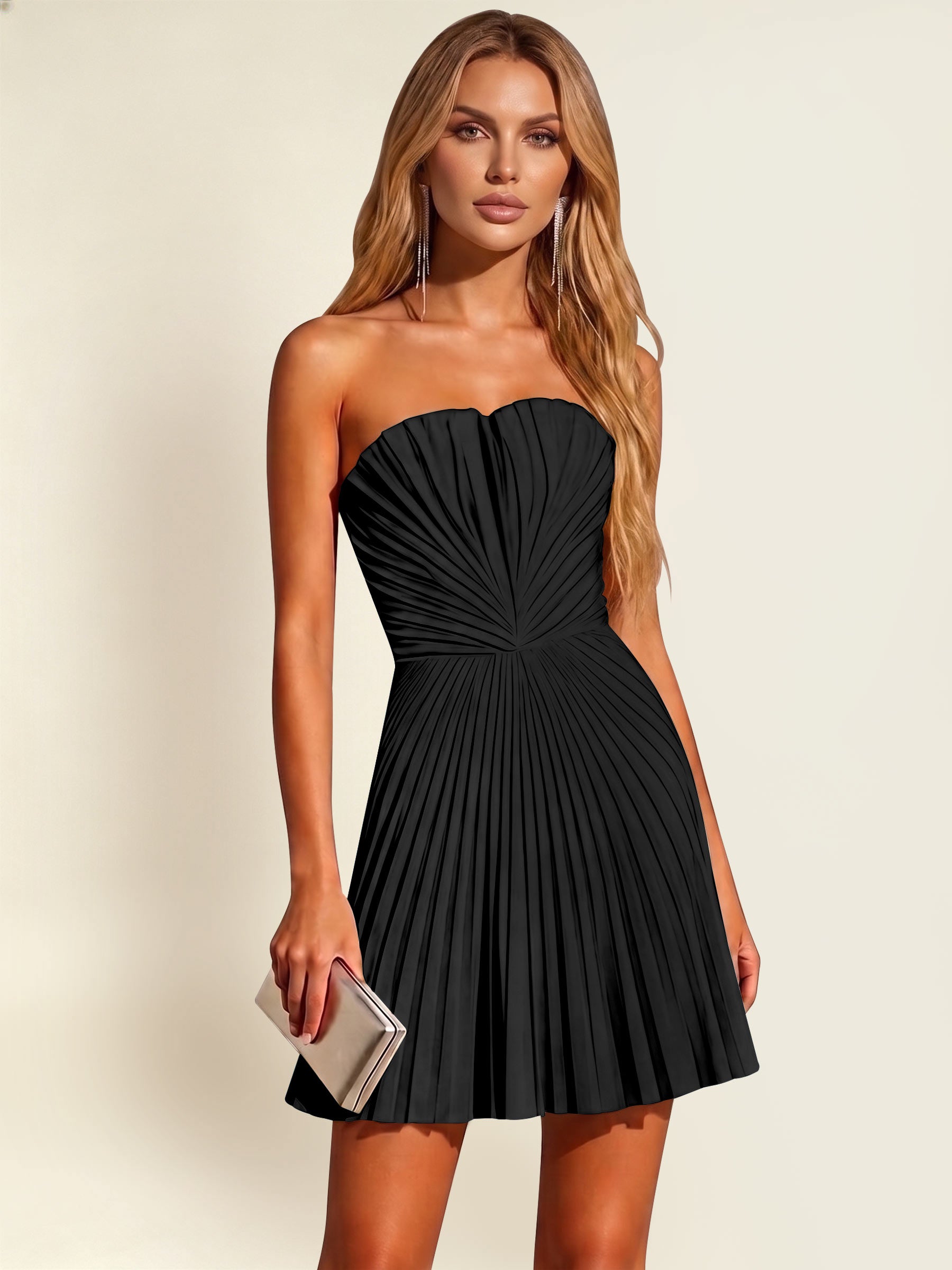 ROVDESY A-Line Strapless Pleated Satin Homecoming Mini Dress