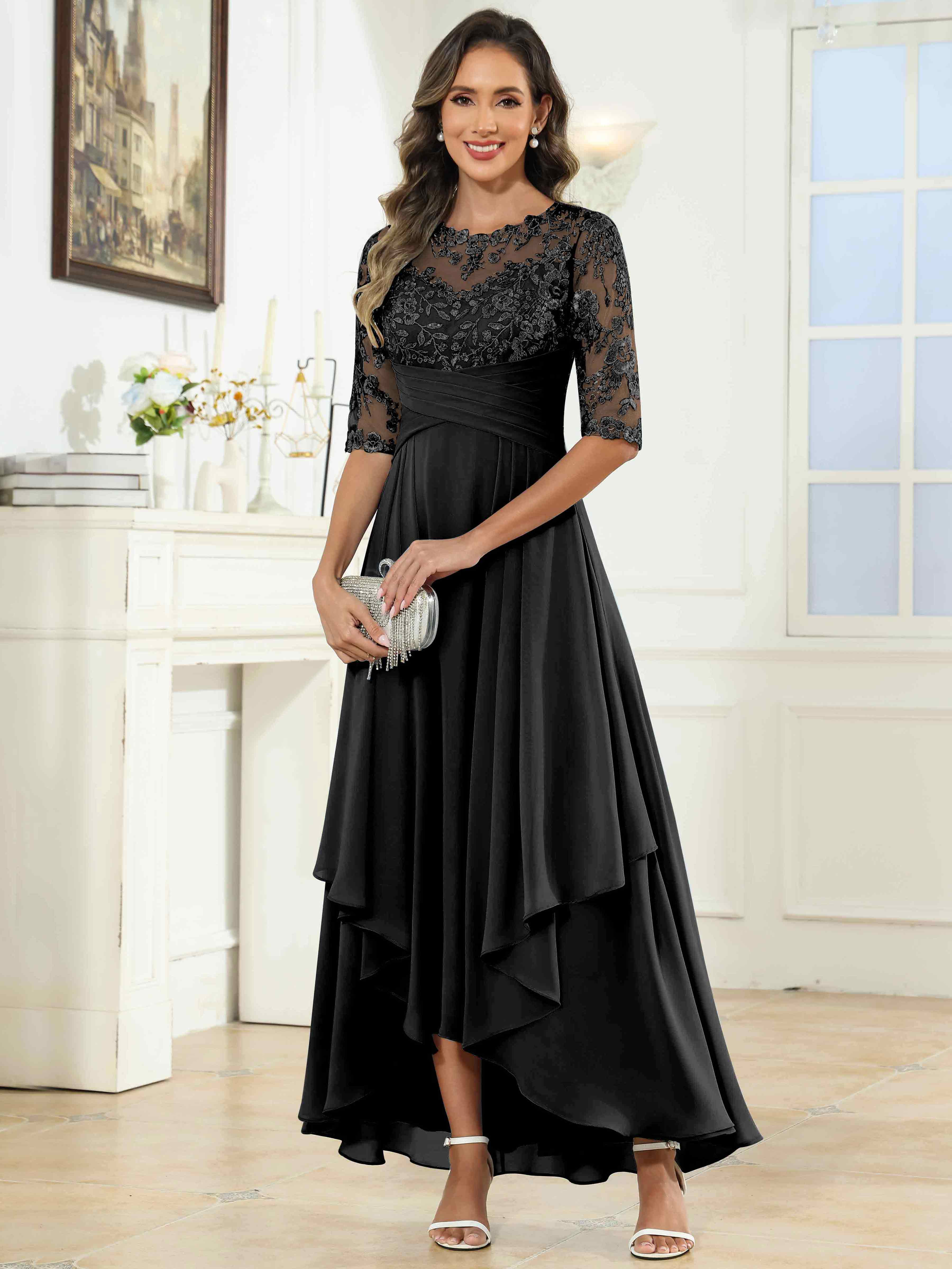 ROVDESY Tea Length A-Line Lace Chiffon Mother Of The Bride Dress With Half Sleeves