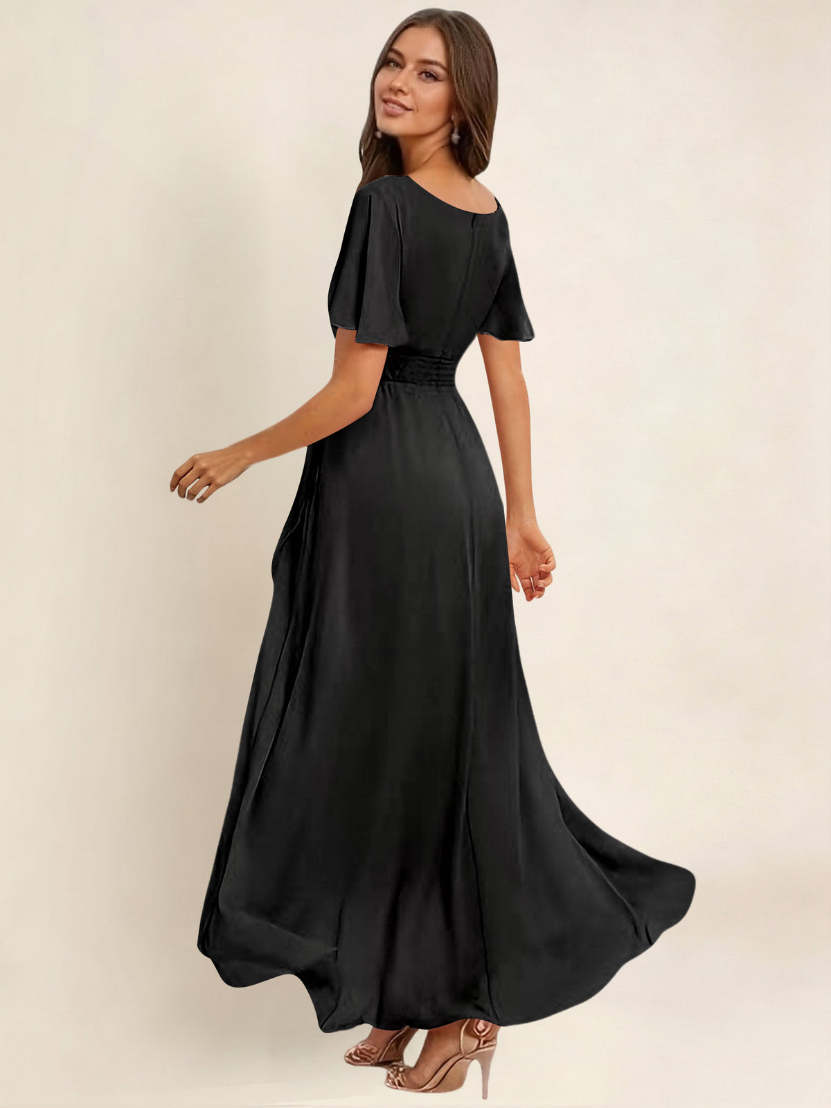 ROVDESY A-Line High Low Round Neck Pleated Ruffle Chiffon Bridesmaid Dress With Short Sleeves