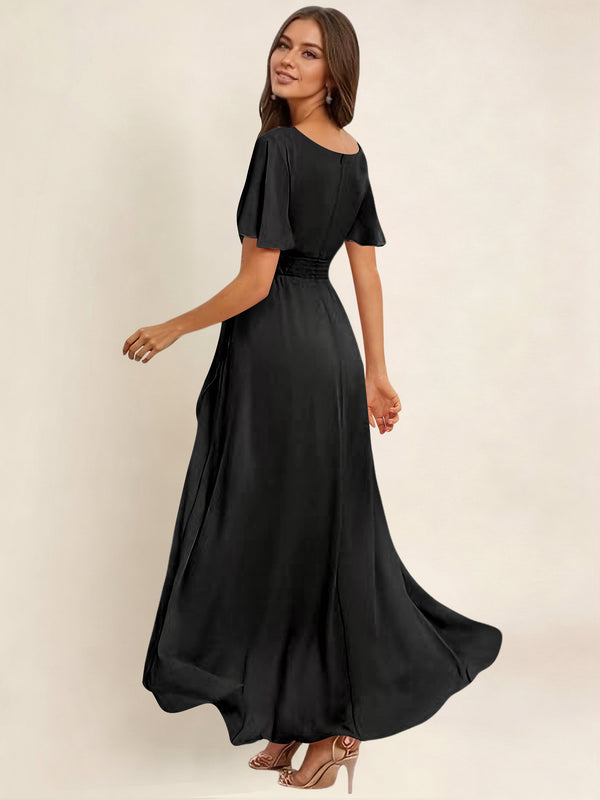 A-Line High Low Round Neck Pleated Ruffle Chiffon Bridesmaid Dress With Short Sleeves