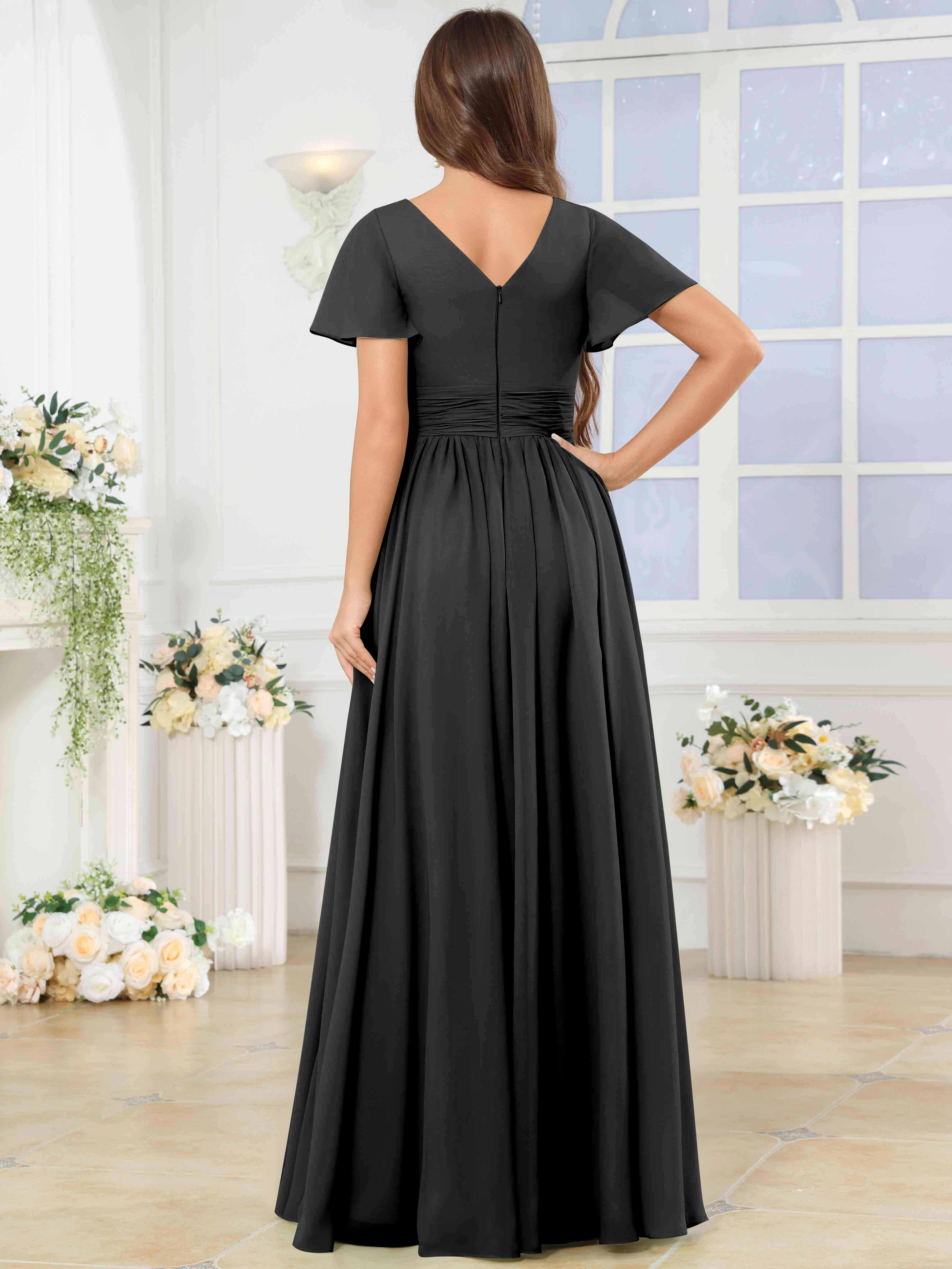 ROVDESY A-Line V-Neck Slit Pleated Ruffle Chiffon Bridesmaid Dress With Short Sleeves