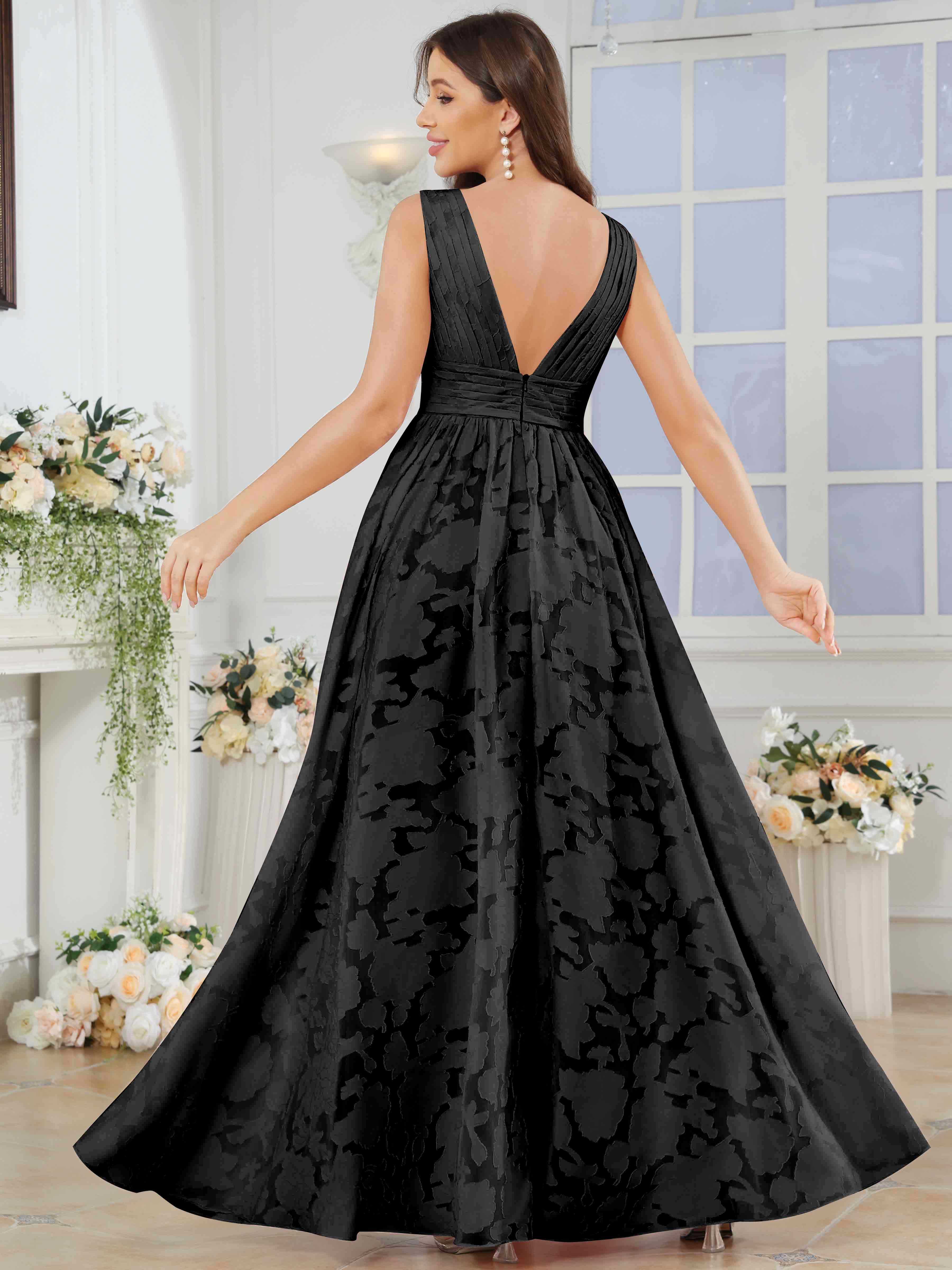 ROVDESY A-Line V-Neck Pleated Chiffon Jacquard Bridesmaid/Peom Dress With Slit