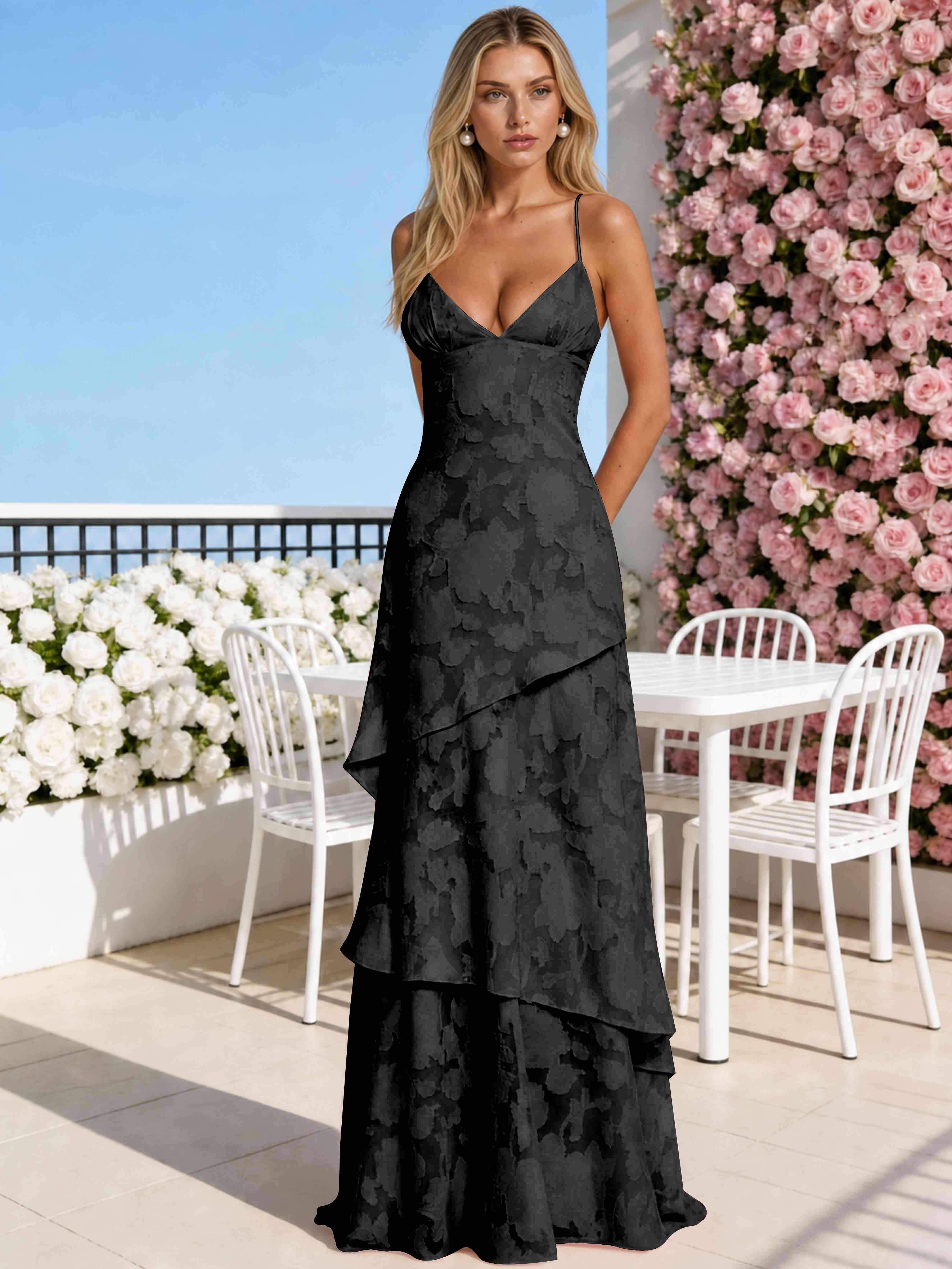ROVDESY Spaghetti Strap V-Neck Chiffon Jacquard Tiered Ruffle Long Bridesmaid/Prom Dress