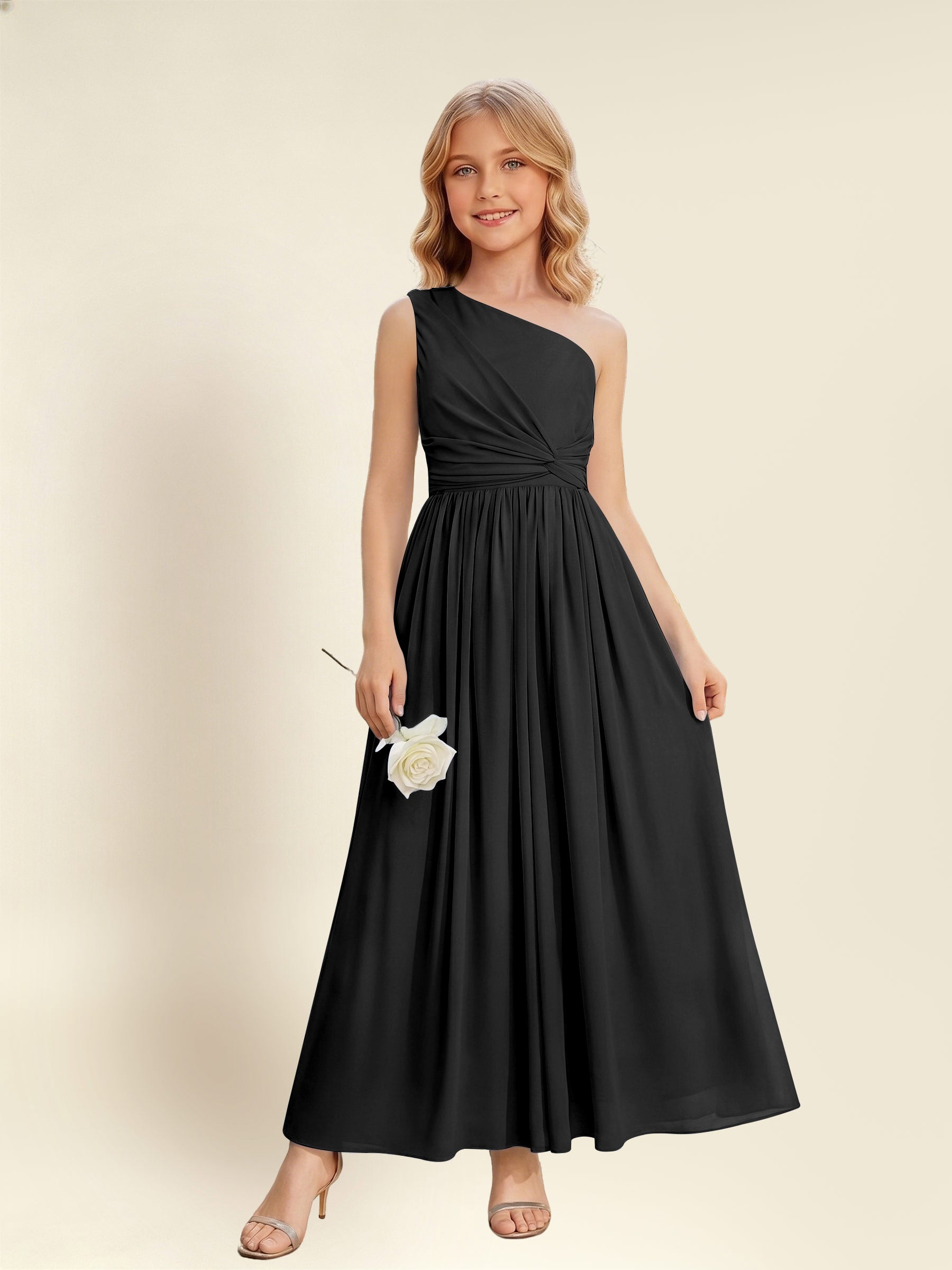 ROVDESY One Shoulder Twist Waist Chiffon Junior Bridesmaid Maxi Dress