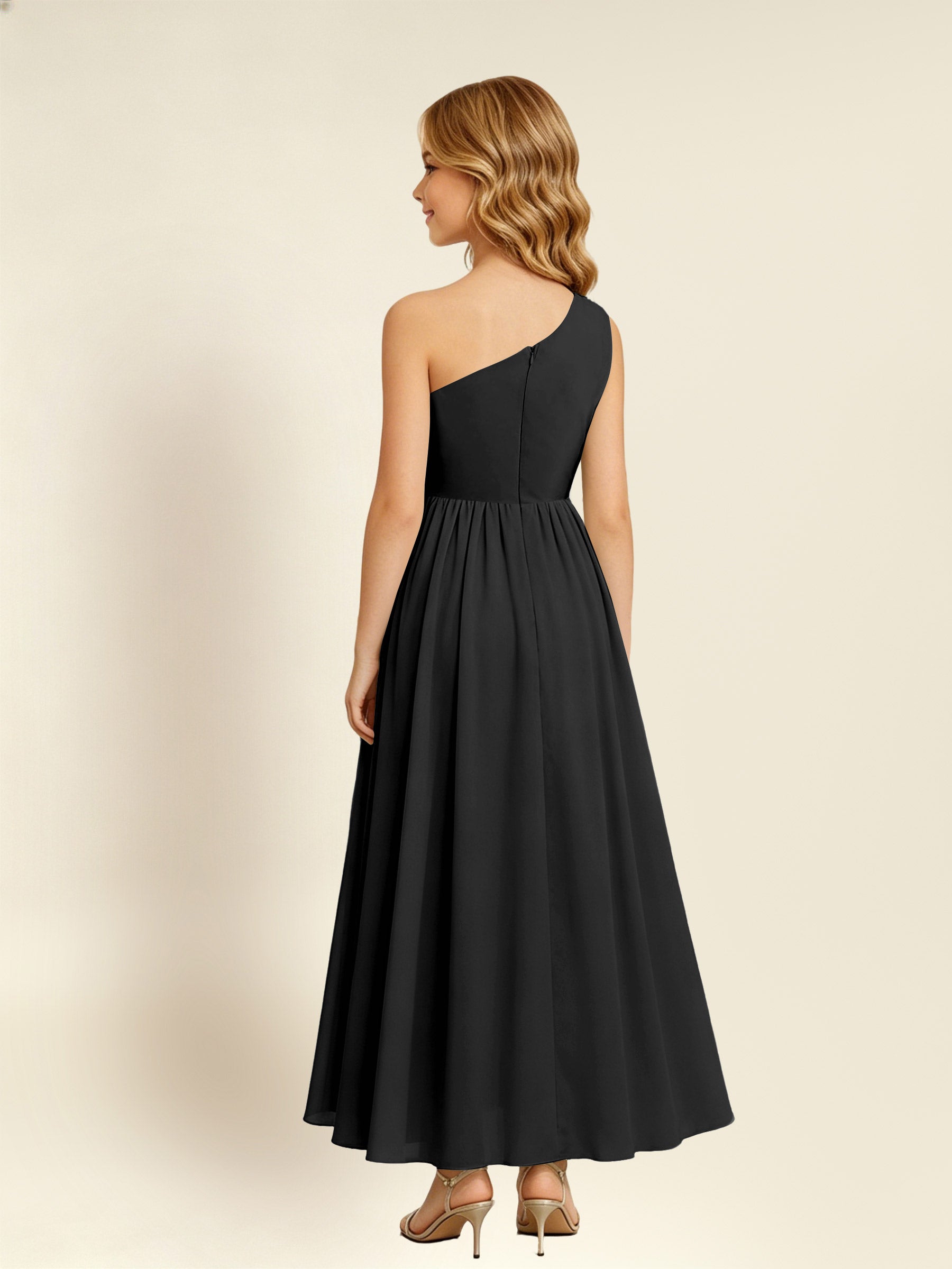 ROVDESY One Shoulder Twist Waist Chiffon Junior Bridesmaid Maxi Dress