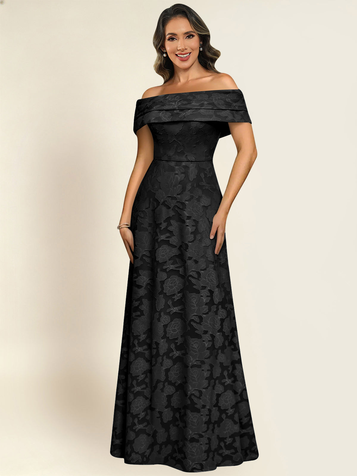 ROVDESY Off the Shoulder Floral Jacquard A-Line Long Mother of the Bride Dress