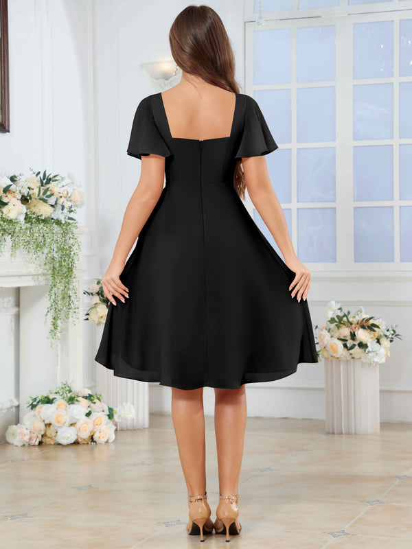Knee Length V-Neck Pleated Chiffon Bridesmaid Dress With Short Sleeves