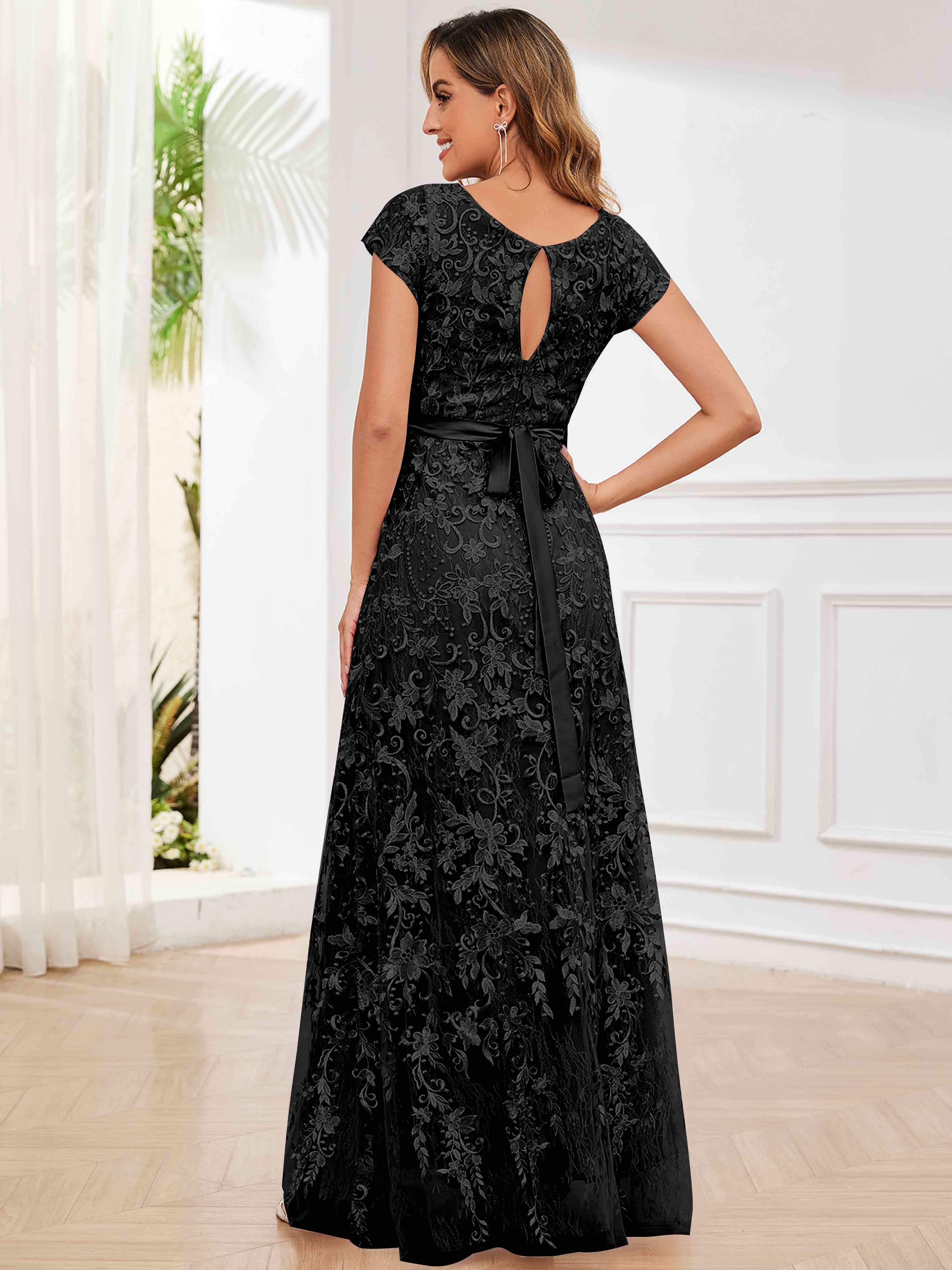 ROVDESY Elegant Lace Mother Of The Bride Dress With Short Sleeves Formal Gown