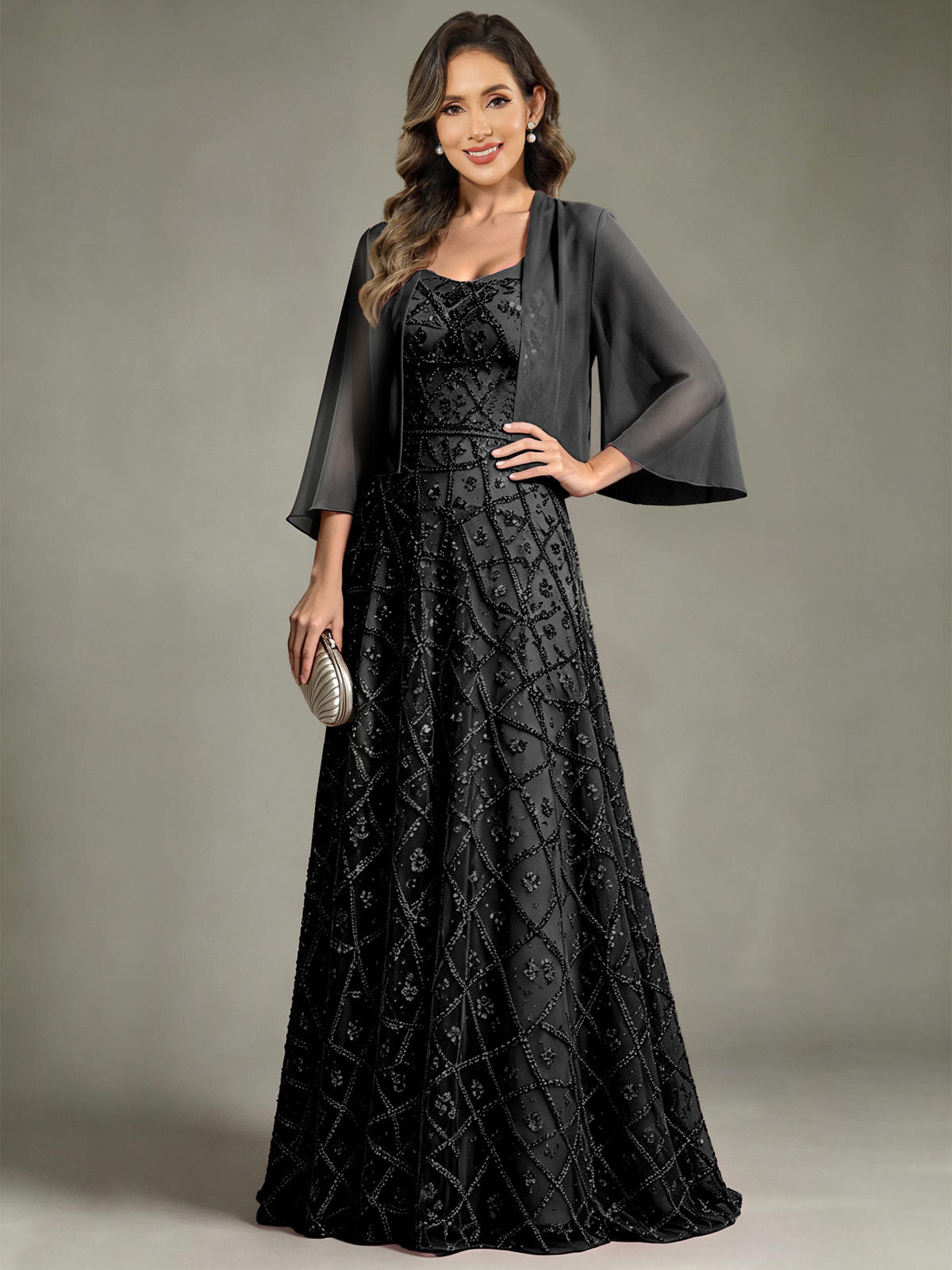 2 Pieces Sequin Long Mother of The Bride Dress with Jacket