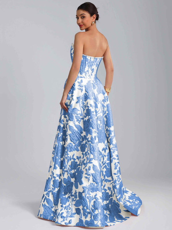 A-Line Strapless Jacquard Satin Prom Dress Long Ball Gown