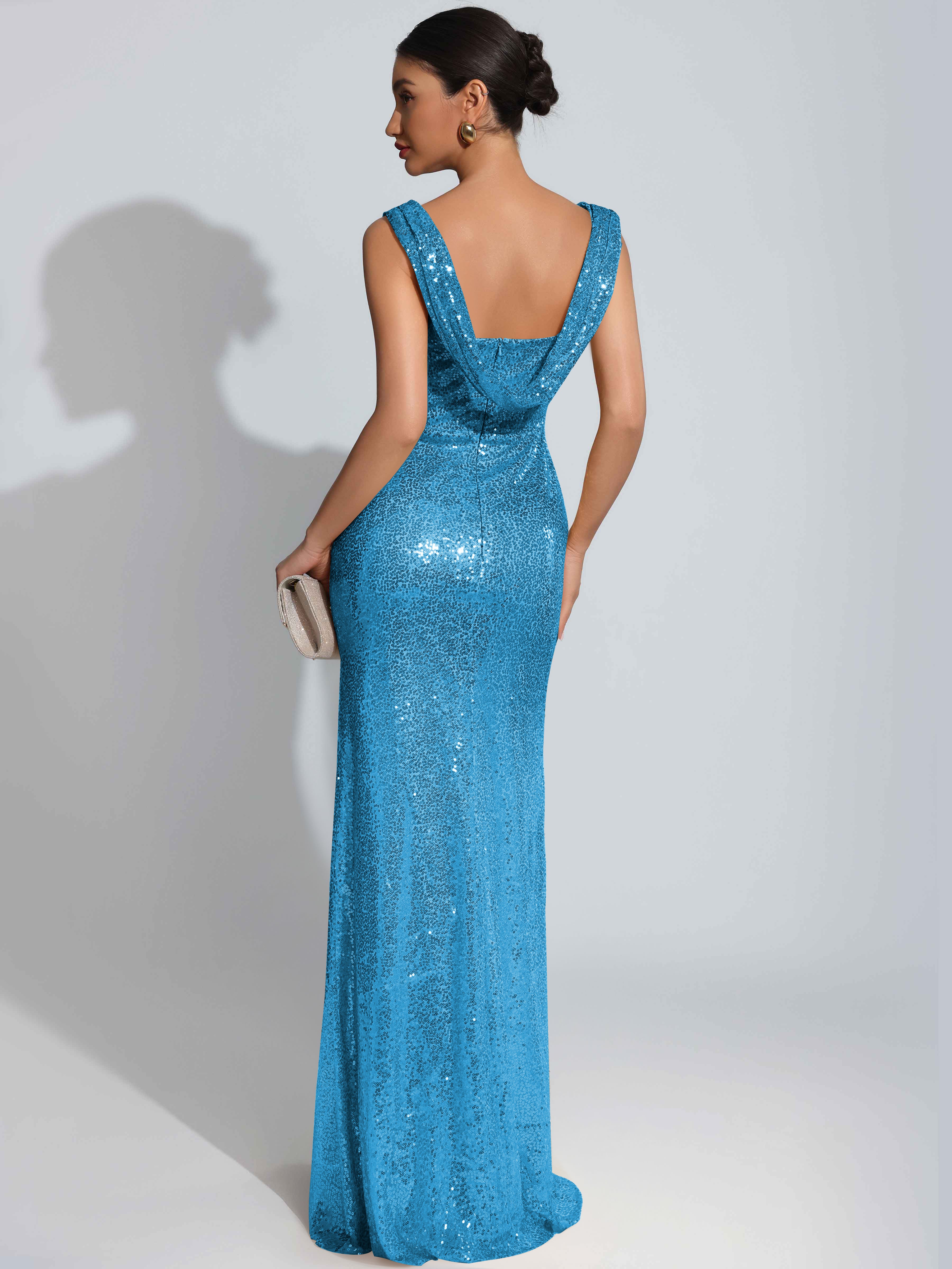 ROVDESY Sparkly Bateau Mermaid Ruched Sequin Long Prom Dress with Slit