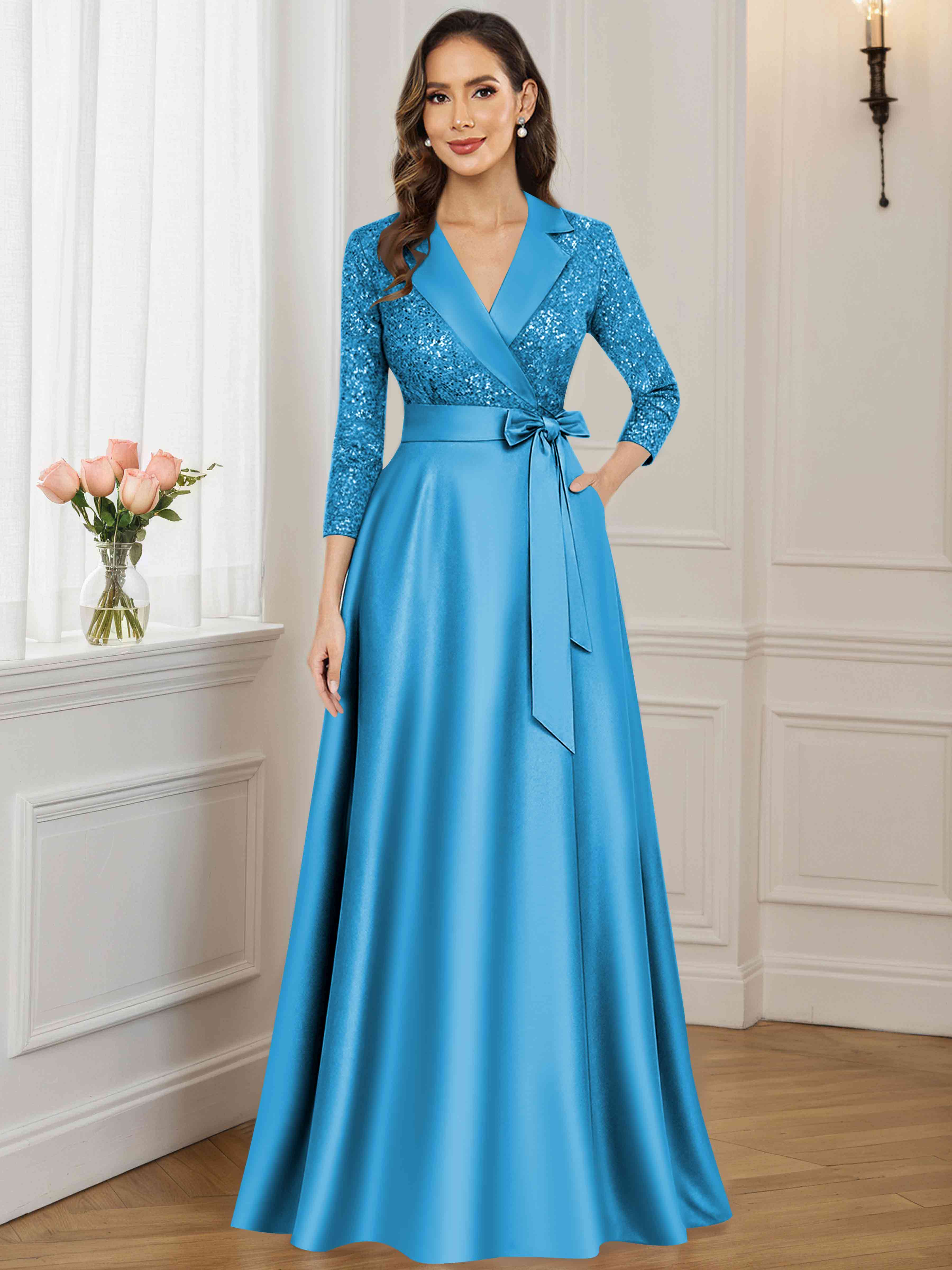 ROVDESY A-Line V Neck Sequin Satin  Long Mother of The Bride Dress Formal Gown With 3/4 Sleeves