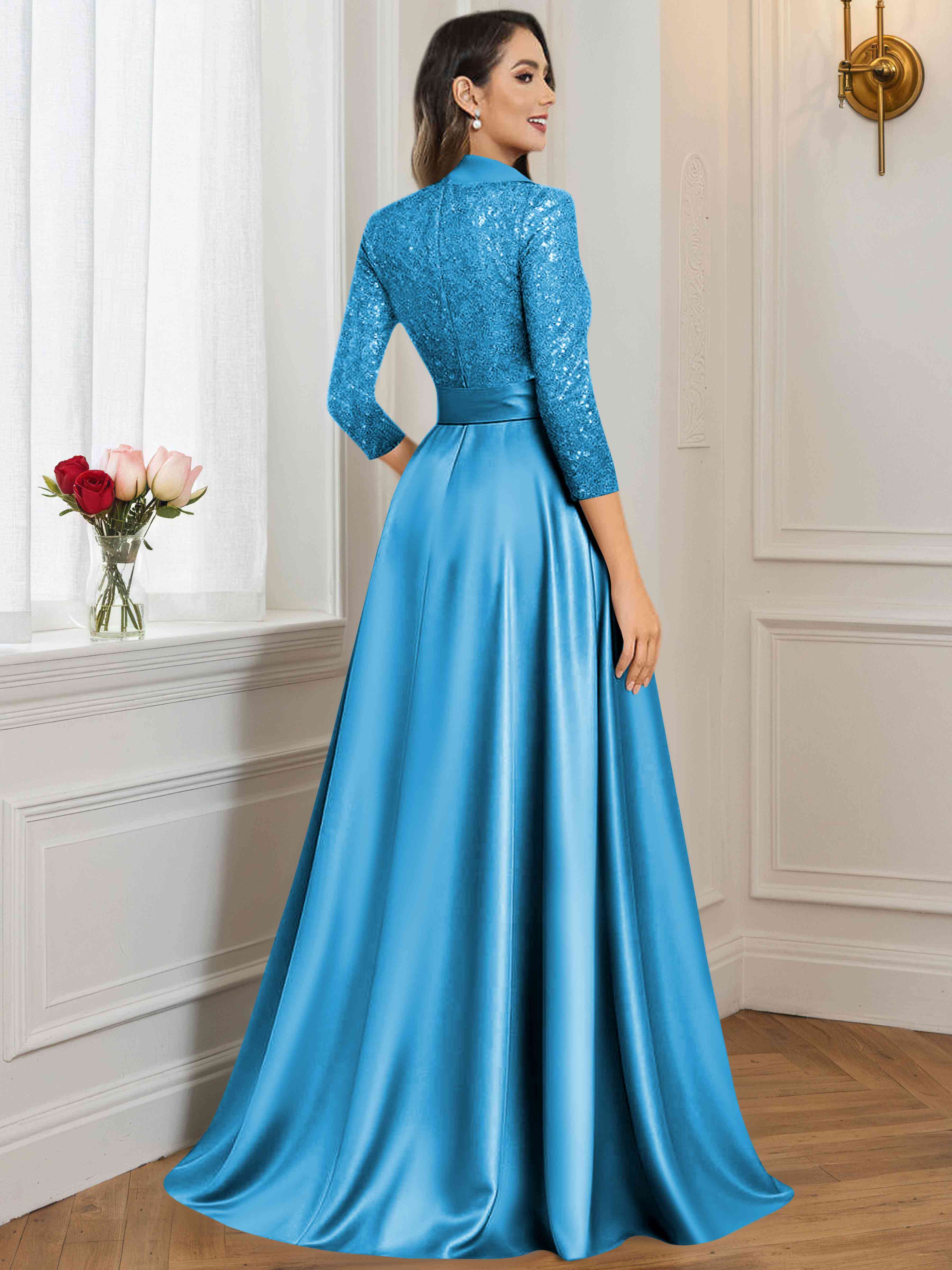 ROVDESY A-Line V Neck Sequin Satin  Long Mother of The Bride Dress Formal Gown With 3/4 Sleeves