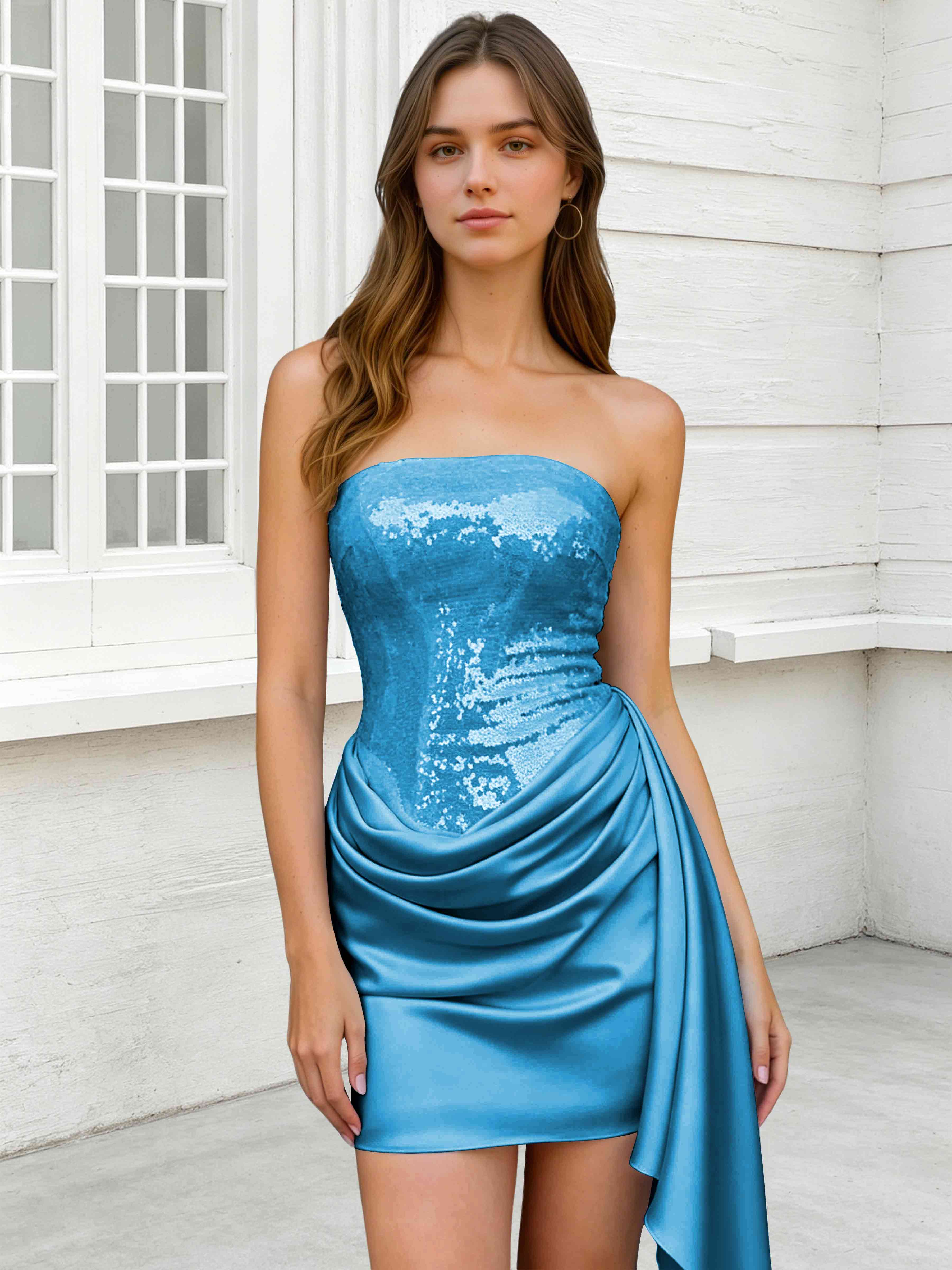 ROVDES Strapless Sequin Satin Tight Homecoming Mini Dress With Side Sash