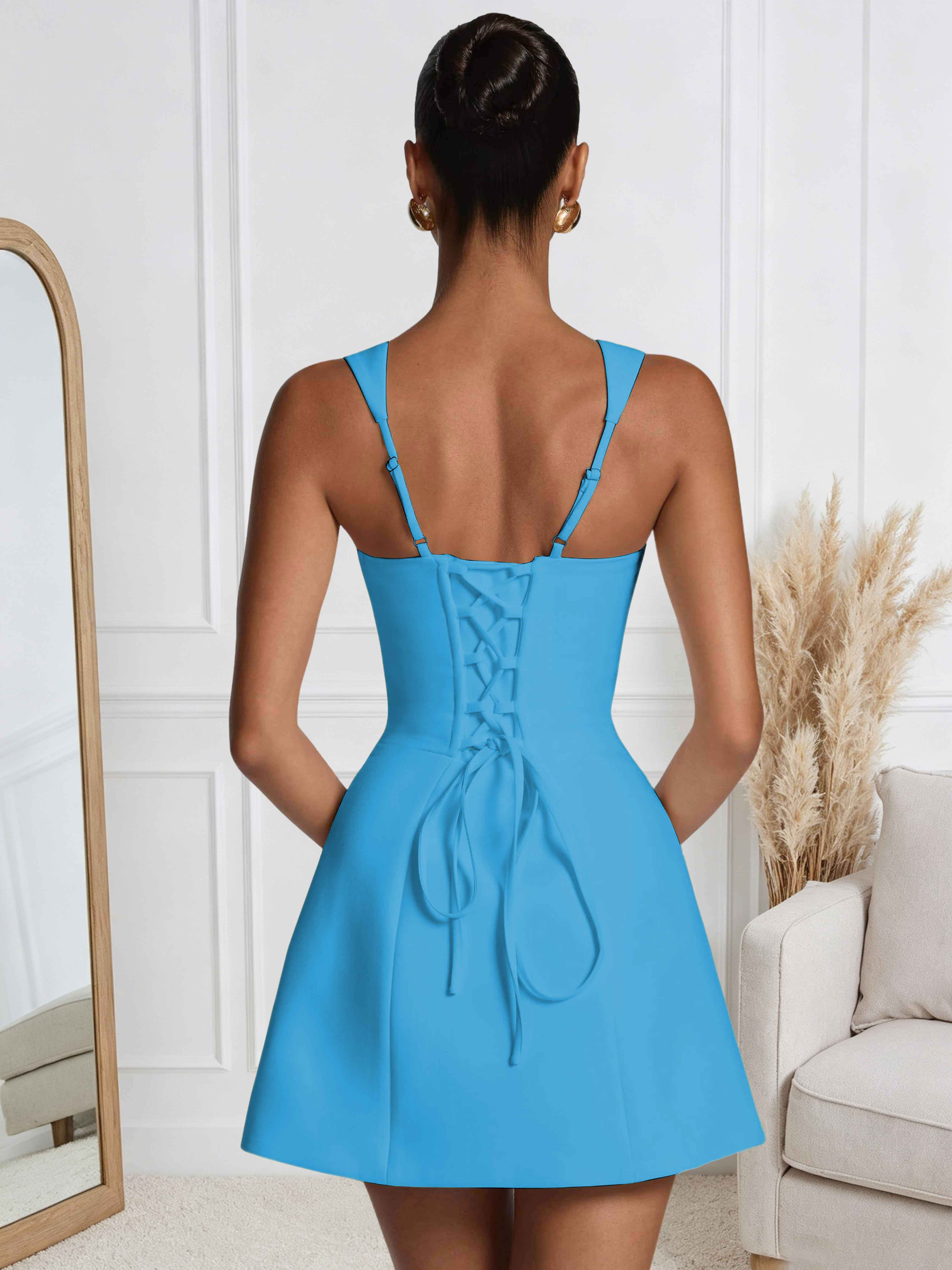ROVDESY A-Line Square Neck Satin Homecoming Mini Dress