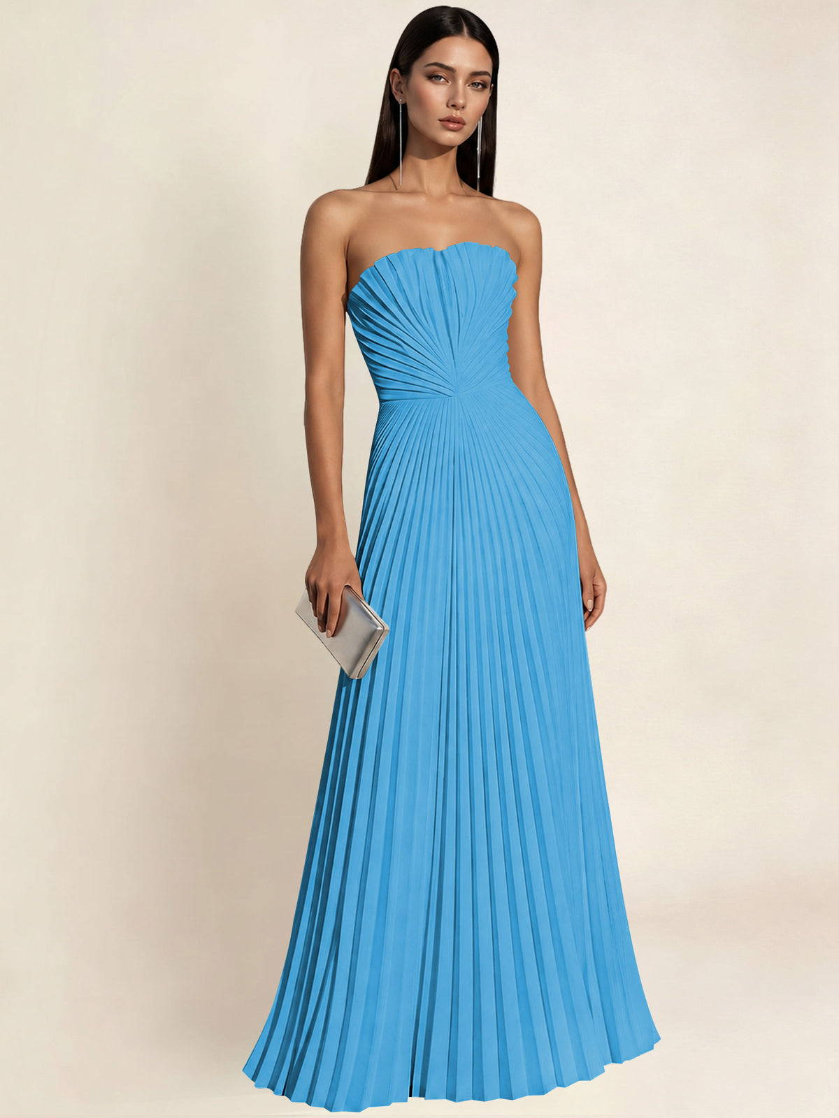 Strapless Satin Pleated A Line Bridesmaid Prom Dress