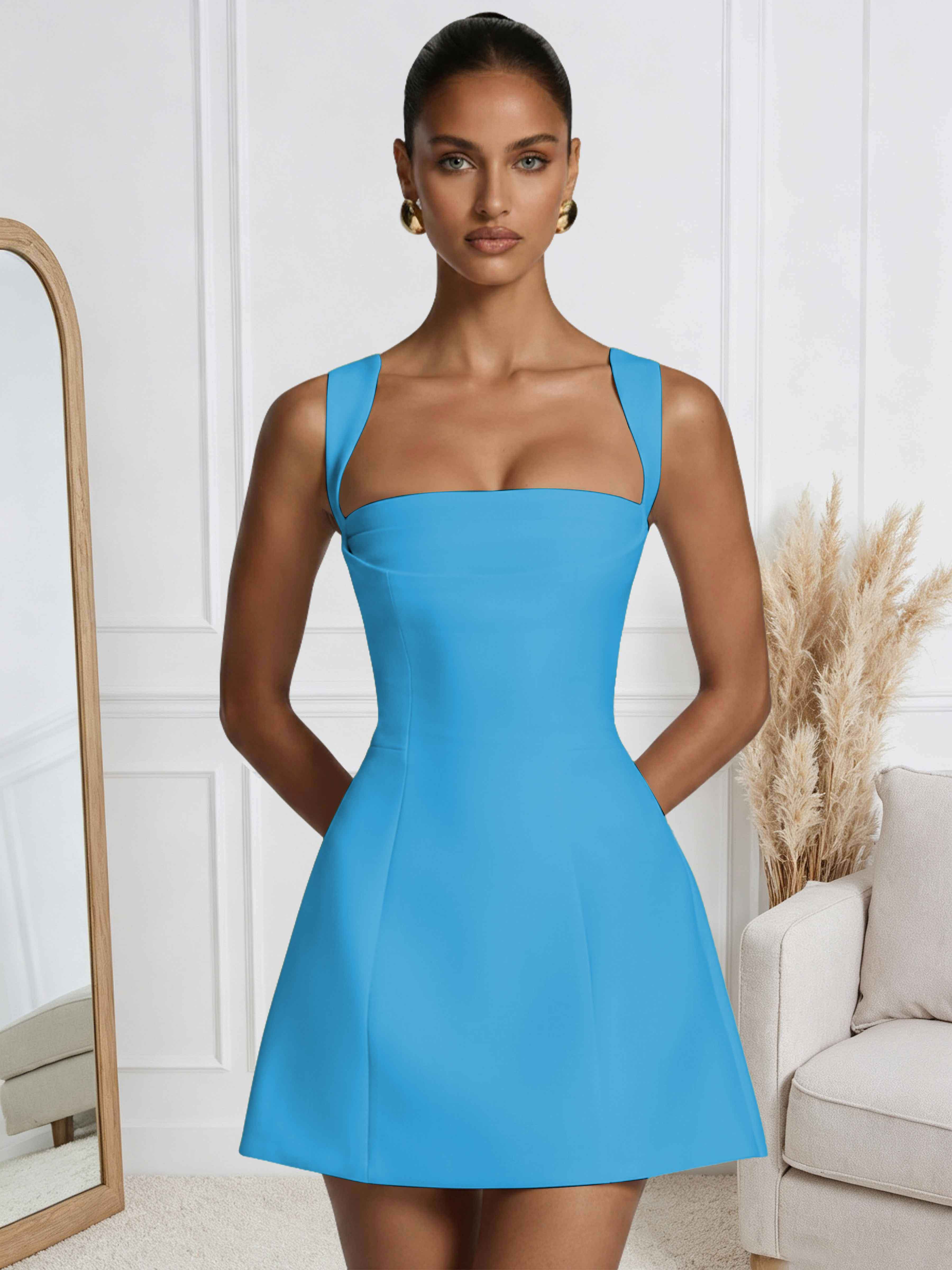 ROVDESY A-Line Square Neck Satin Homecoming Mini Dress