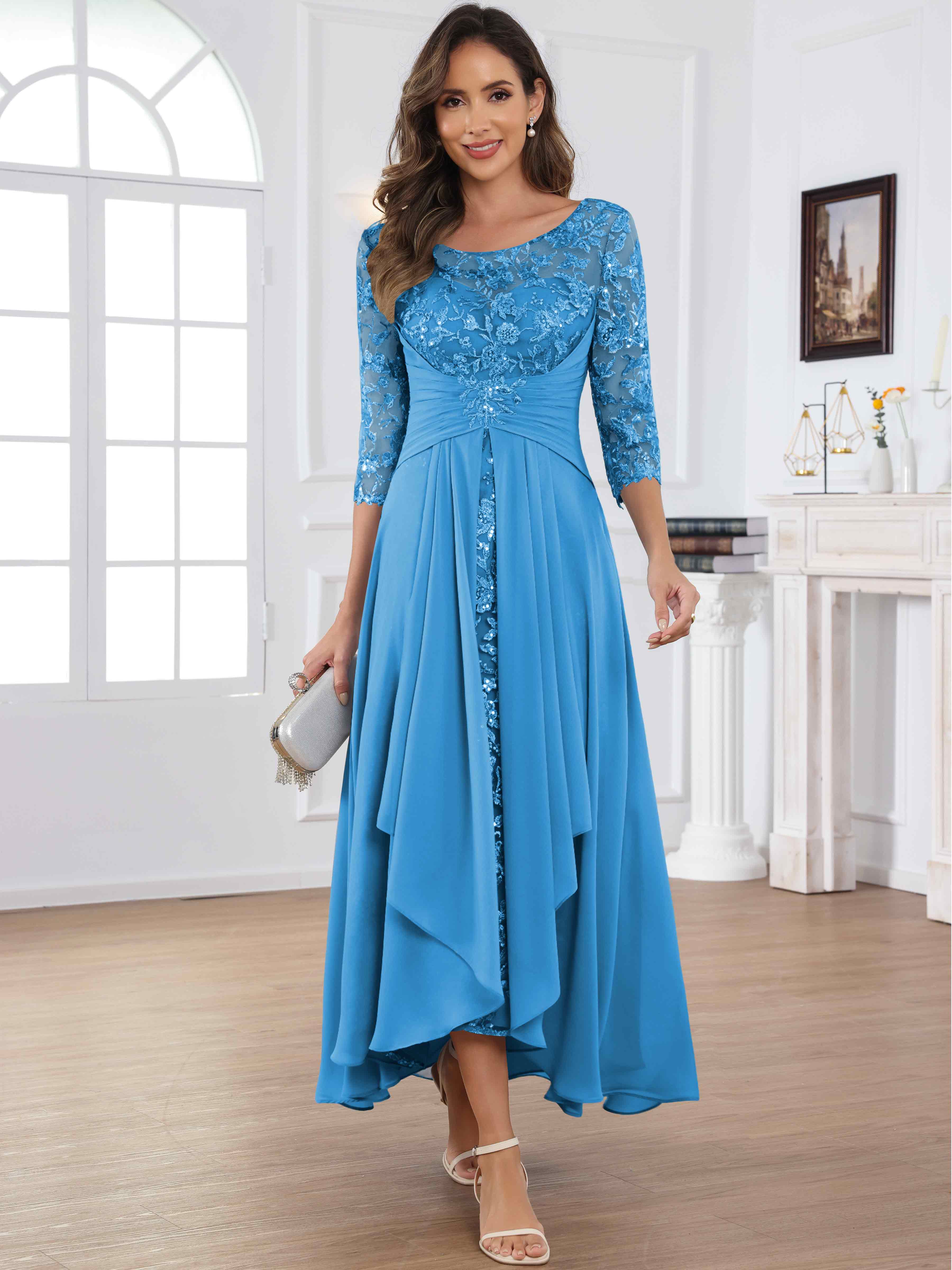 ROVDESY Tea Length Lace Chiffon Mother of The Bride Dress with 3/4 Sleeves