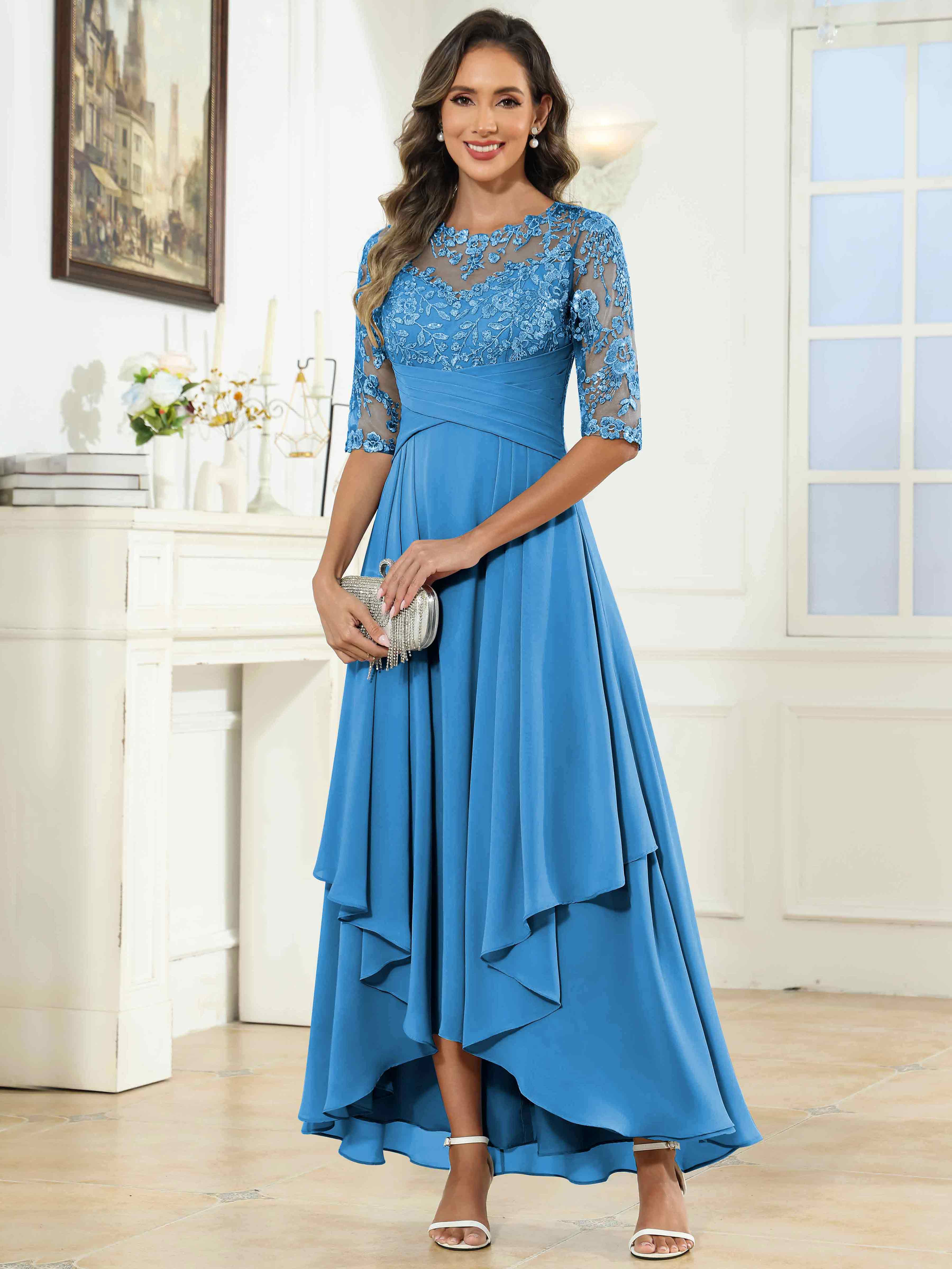 ROVDESY Tea Length A-Line Lace Chiffon Mother Of The Bride Dress With Half Sleeves