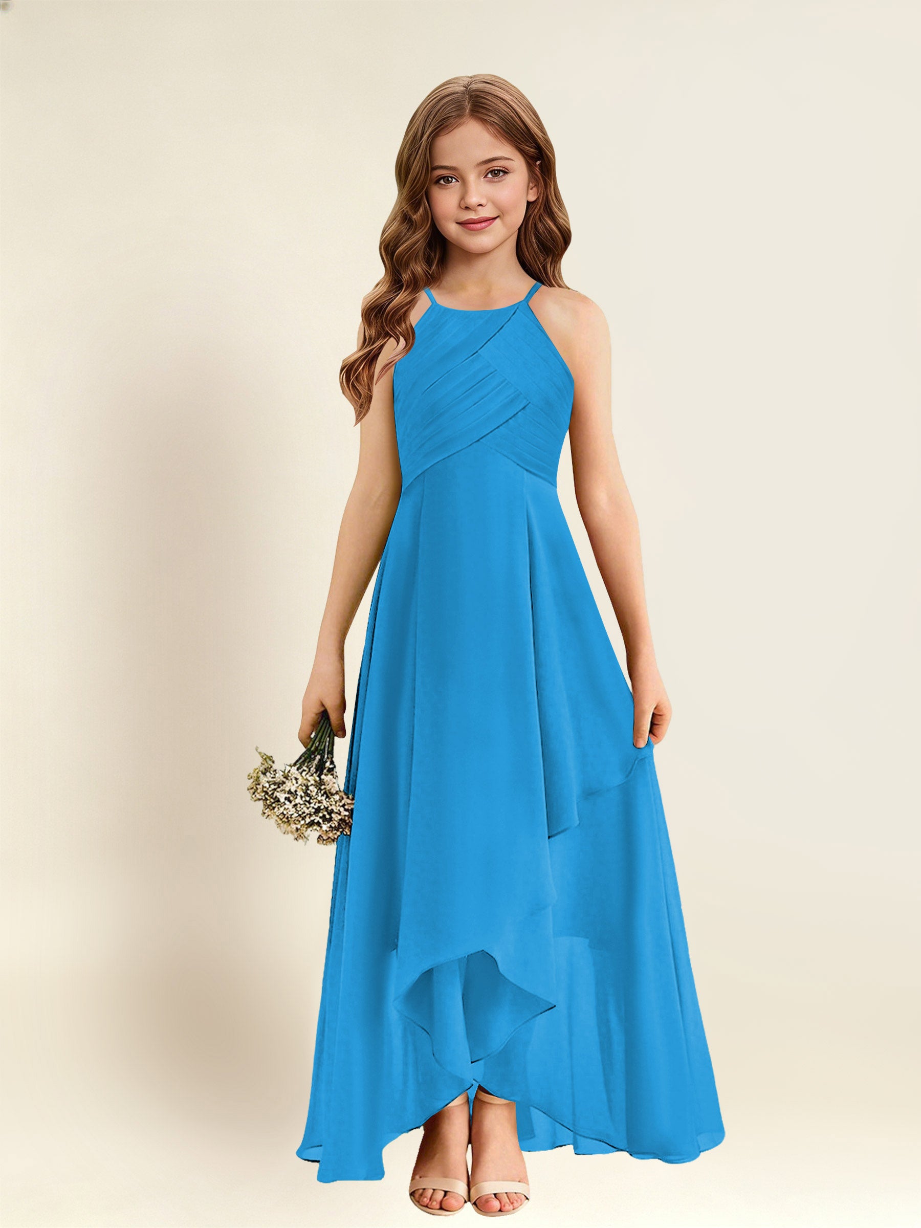 ROVDESY A-Line Halter Pleated Chiffon Junior Bridesmaid Dress