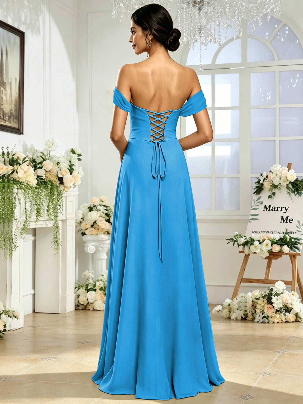 Off the Shoulder Chiffon A Line Long Bridesmaid Dress with Slit