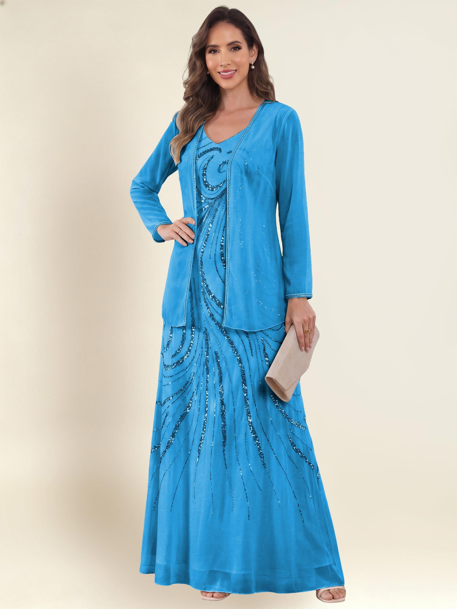 ROVDESY 2 Pieces V-Neck Sequin Chiffon Long Mother Of The Bride Dress With Long Sleeve Jacket