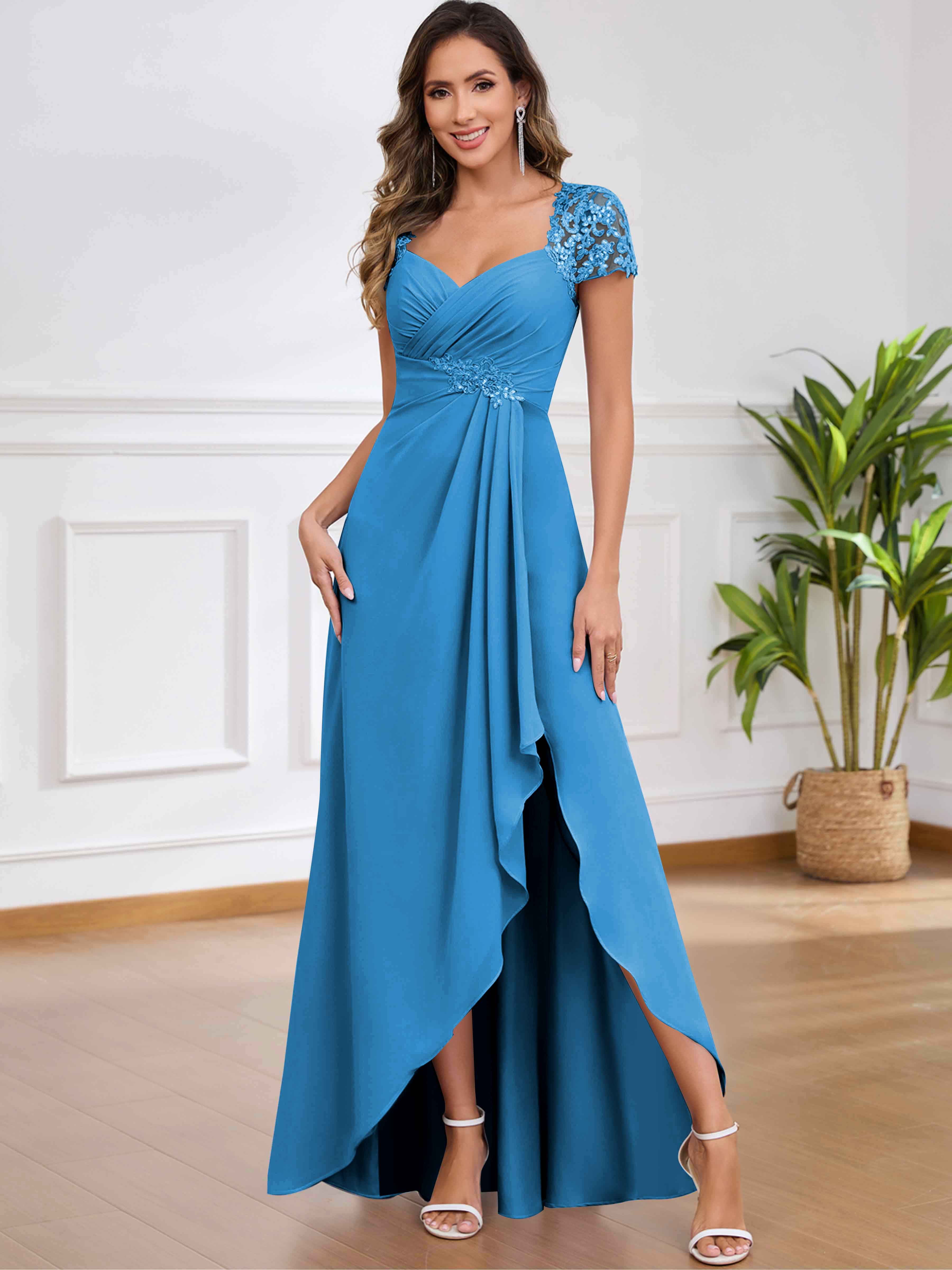 ROVDESY A-Line Pleated Lace Sequin Ruffle Chiffon Mother Of The Bride Dress With Slit