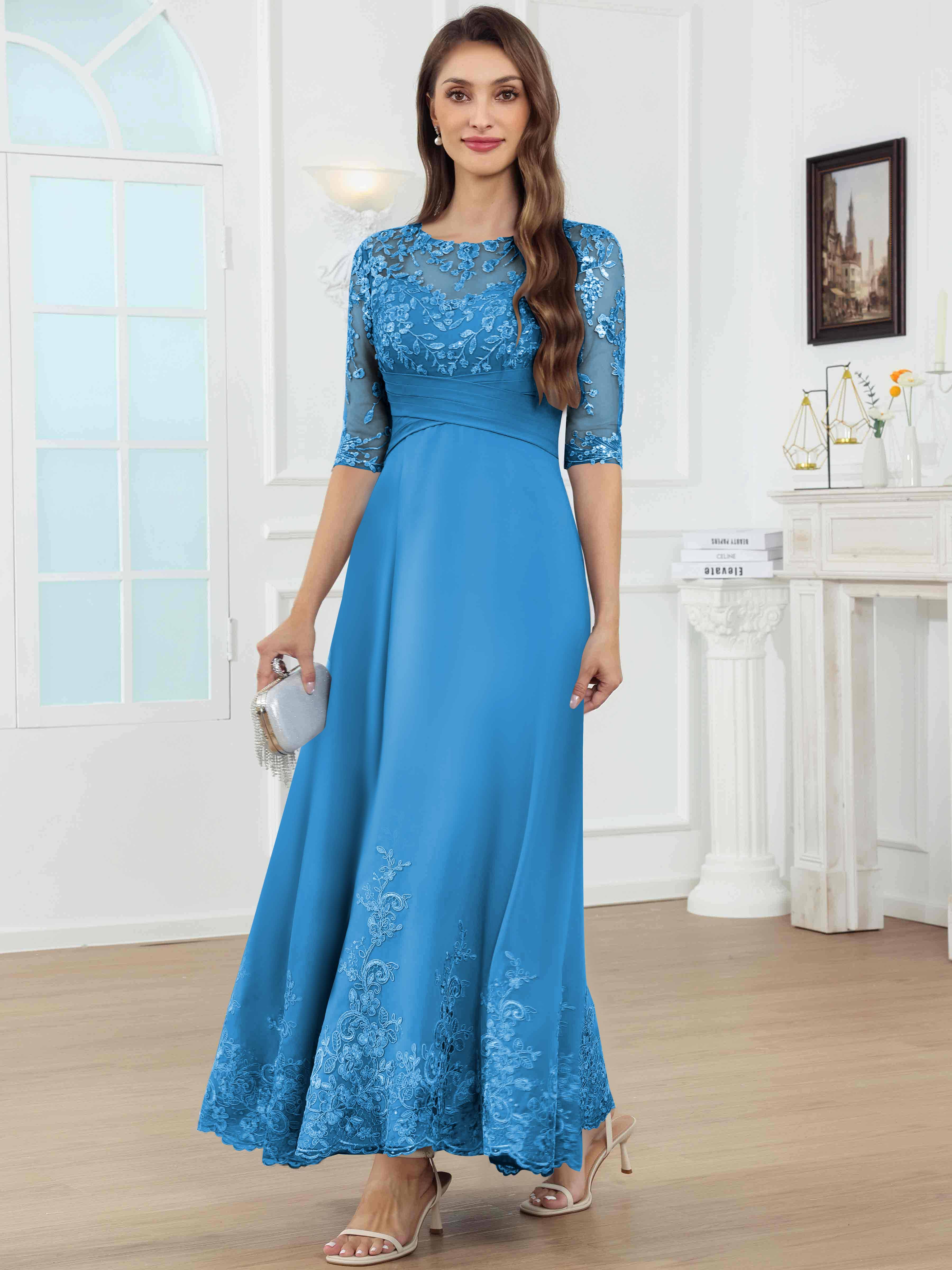 ROVDESY A-Line Lace Sequin Pleated Chiffon Mother Of The Bride Dress With Half Sleeves