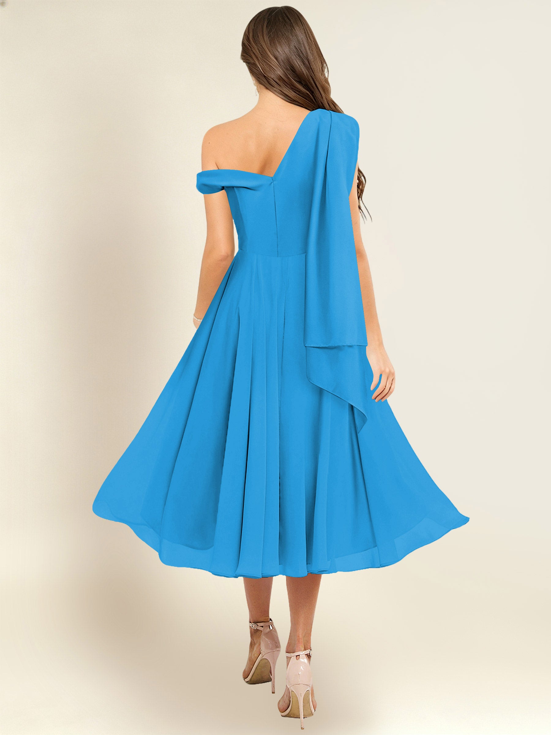 ROVDESY A-Line One Shoulder Pleated Chiffon Bridesmaid Dress With Flowing Sash