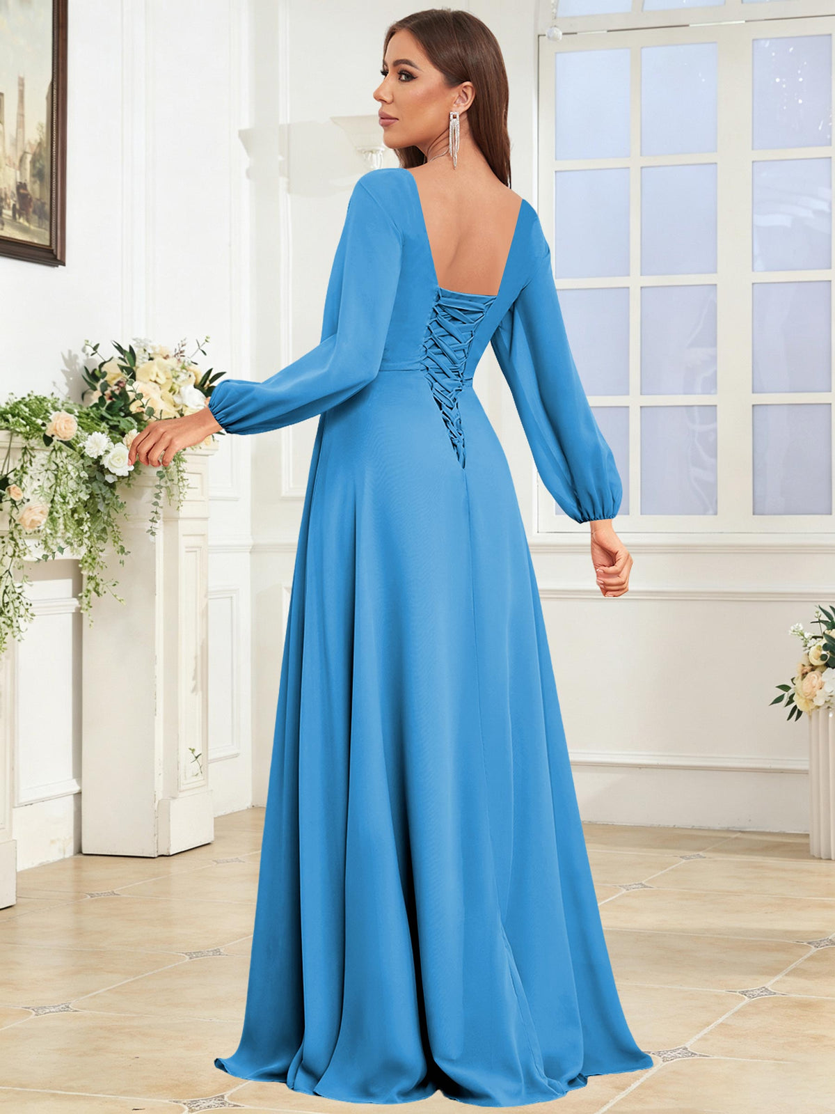 V Neck Chiffon Long Sleeve Bridesmaid Dresses with Slit