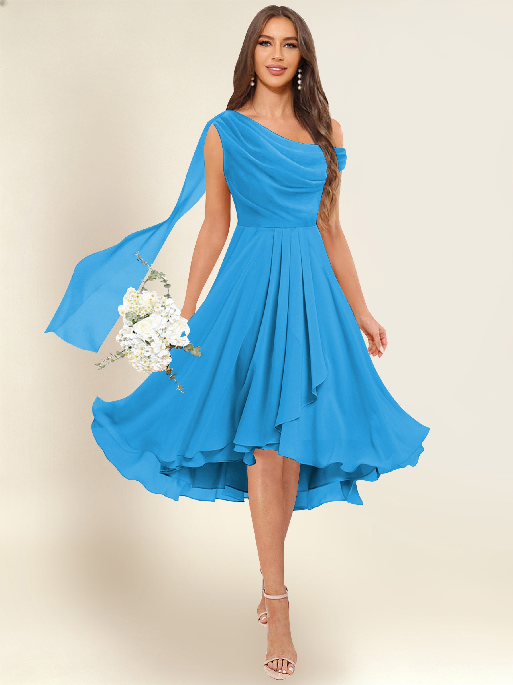 ROVDESY A-Line One Shoulder Pleated Chiffon Bridesmaid Dress With Flowing Sash