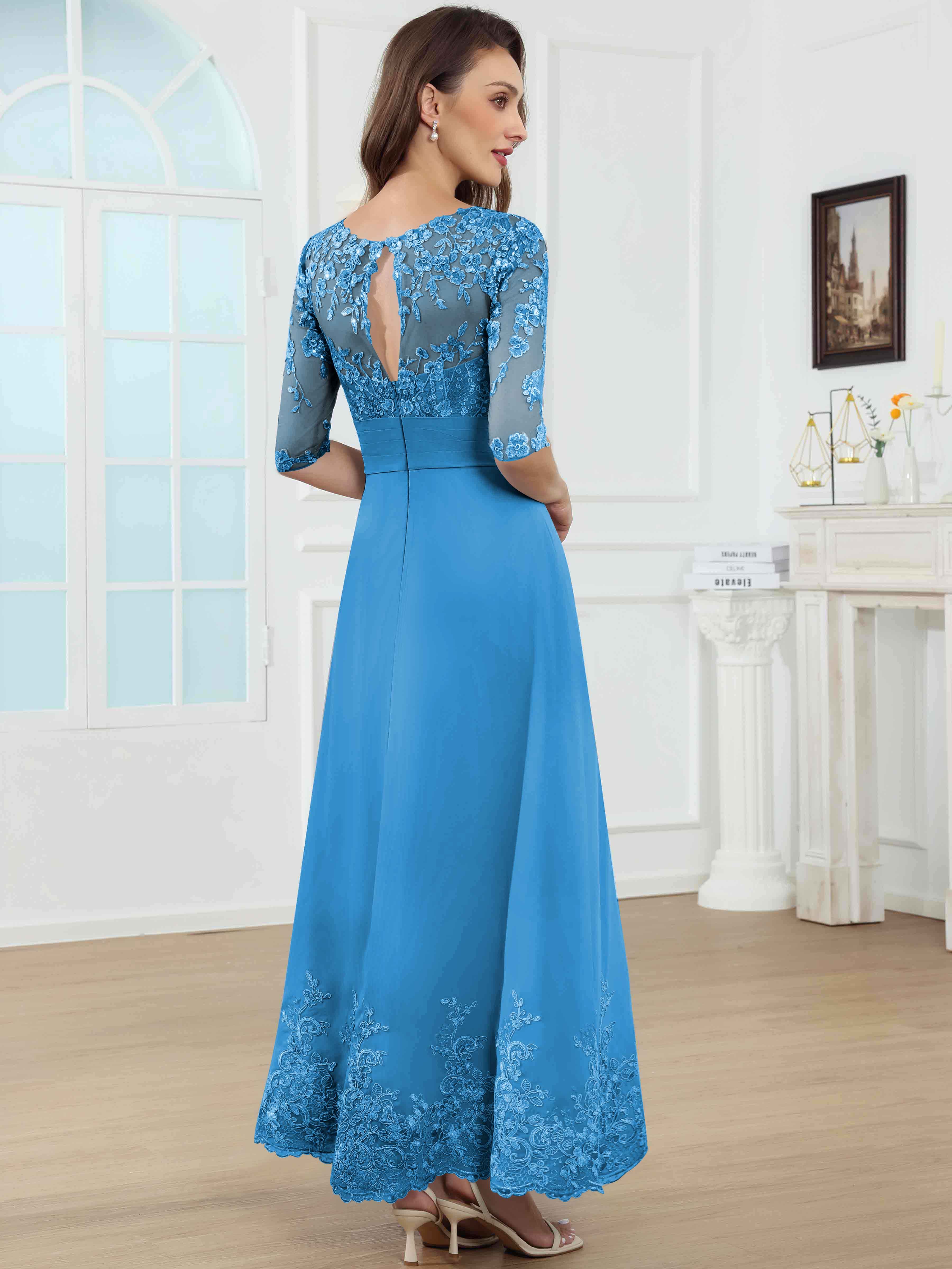 ROVDESY A-Line Lace Sequin Pleated Chiffon Mother Of The Bride Dress With Half Sleeves