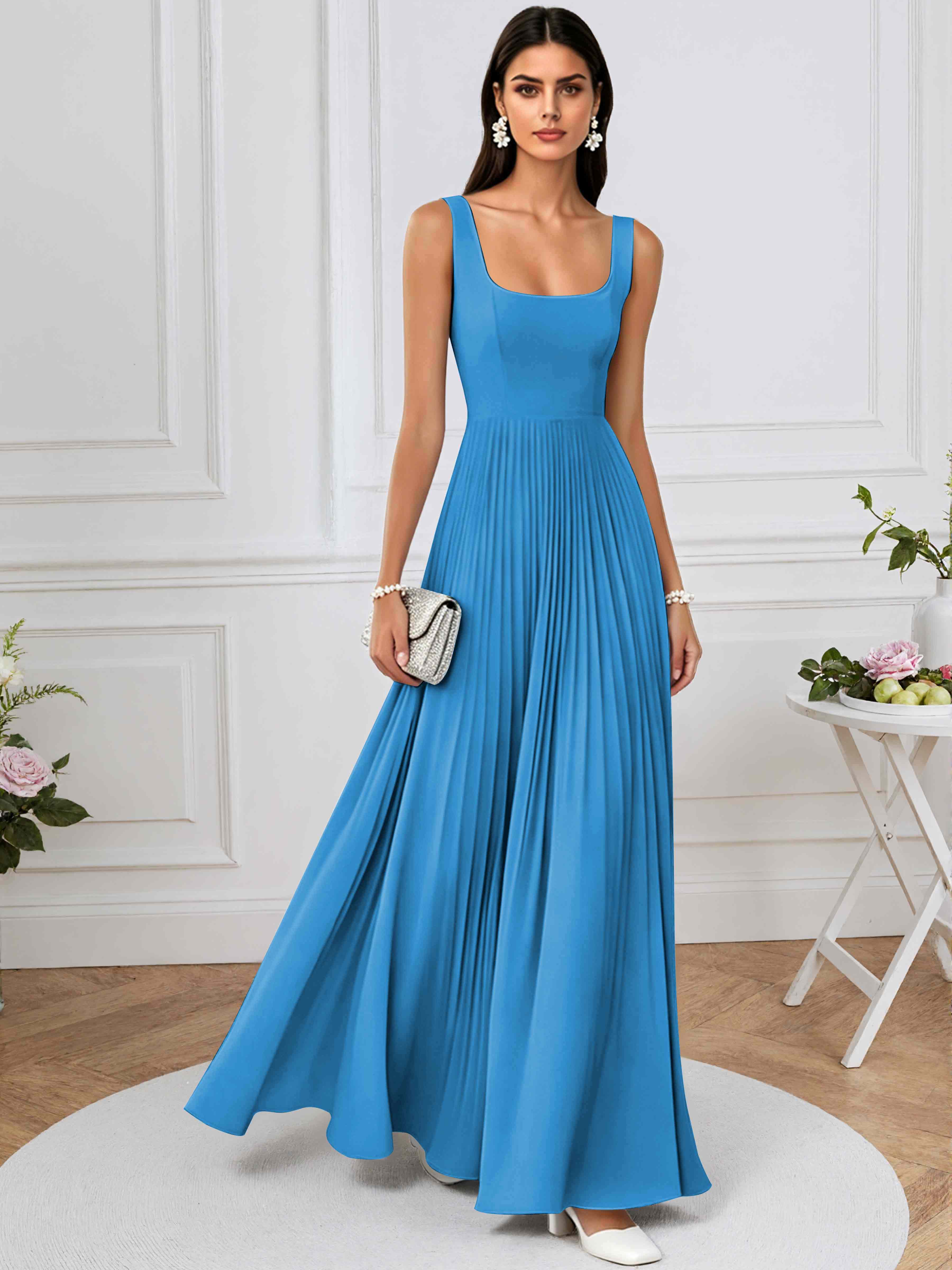 ROVDESY A-Line Square Neck Pleated Chiffon Long Bridesmaid/Prom Dress