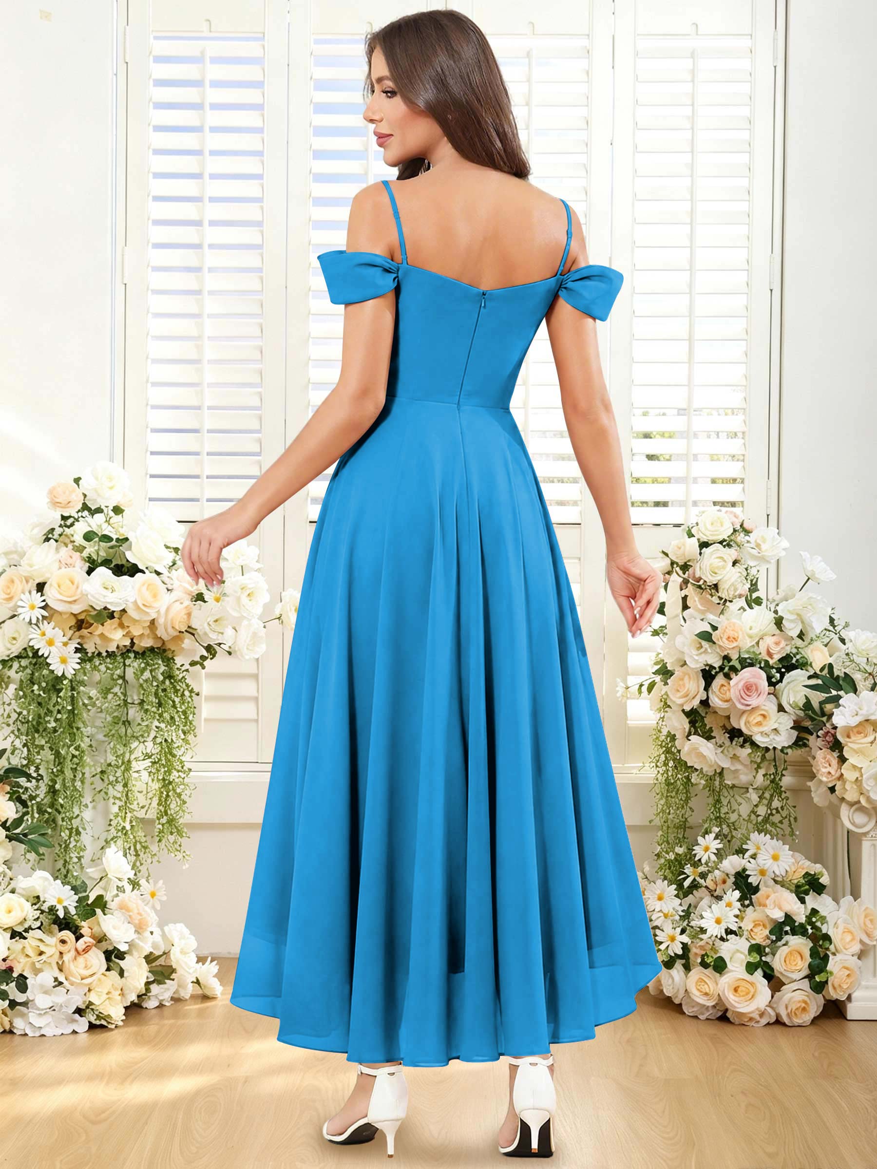 ROVDESY ROVDESY Short Cold Shoulder Sweetheart High Low Pleated Chiffon Bridesmaid Dress