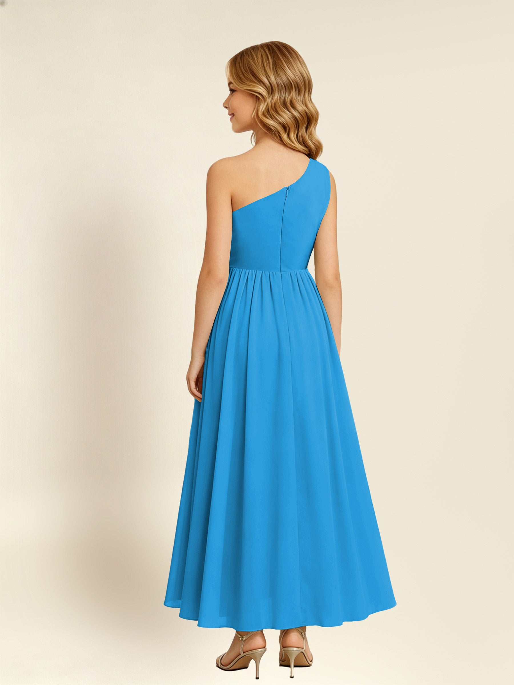ROVDESY One Shoulder Twist Waist Chiffon Junior Bridesmaid Maxi Dress