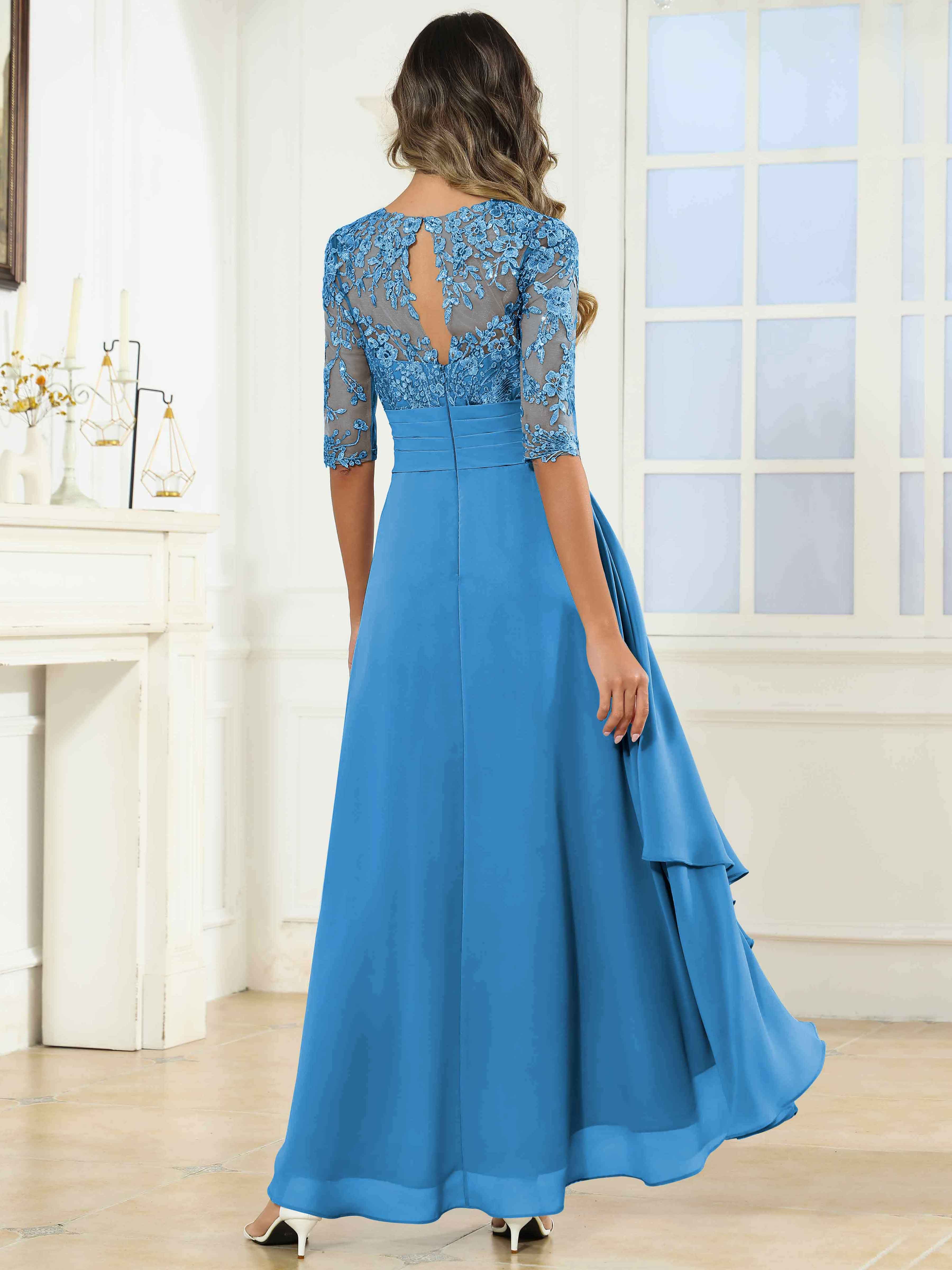 ROVDESY Tea Length A-Line Lace Chiffon Mother Of The Bride Dress With Half Sleeves