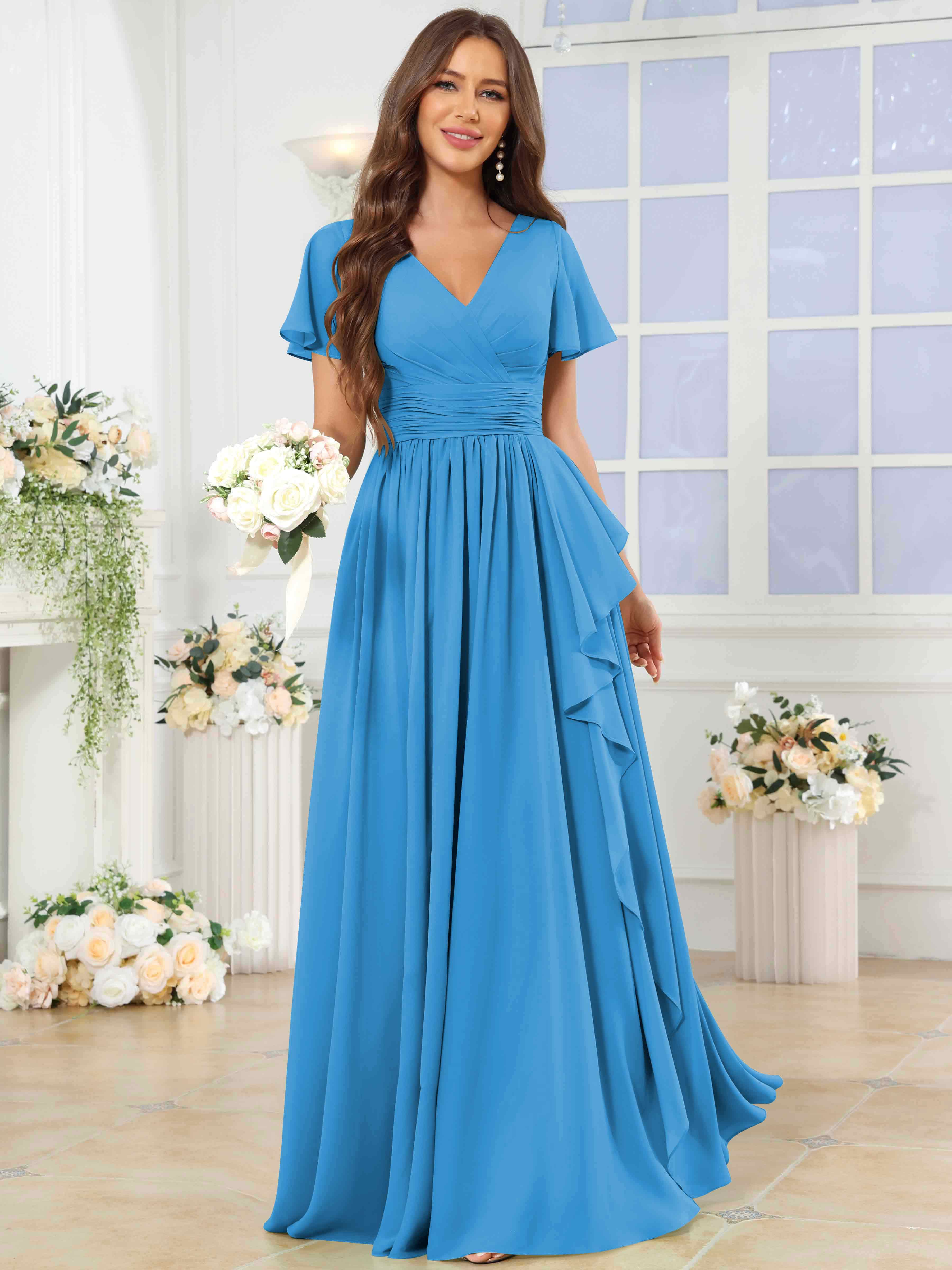 ROVDESY A-Line V-Neck Slit Pleated Ruffle Chiffon Bridesmaid Dress With Short Sleeves