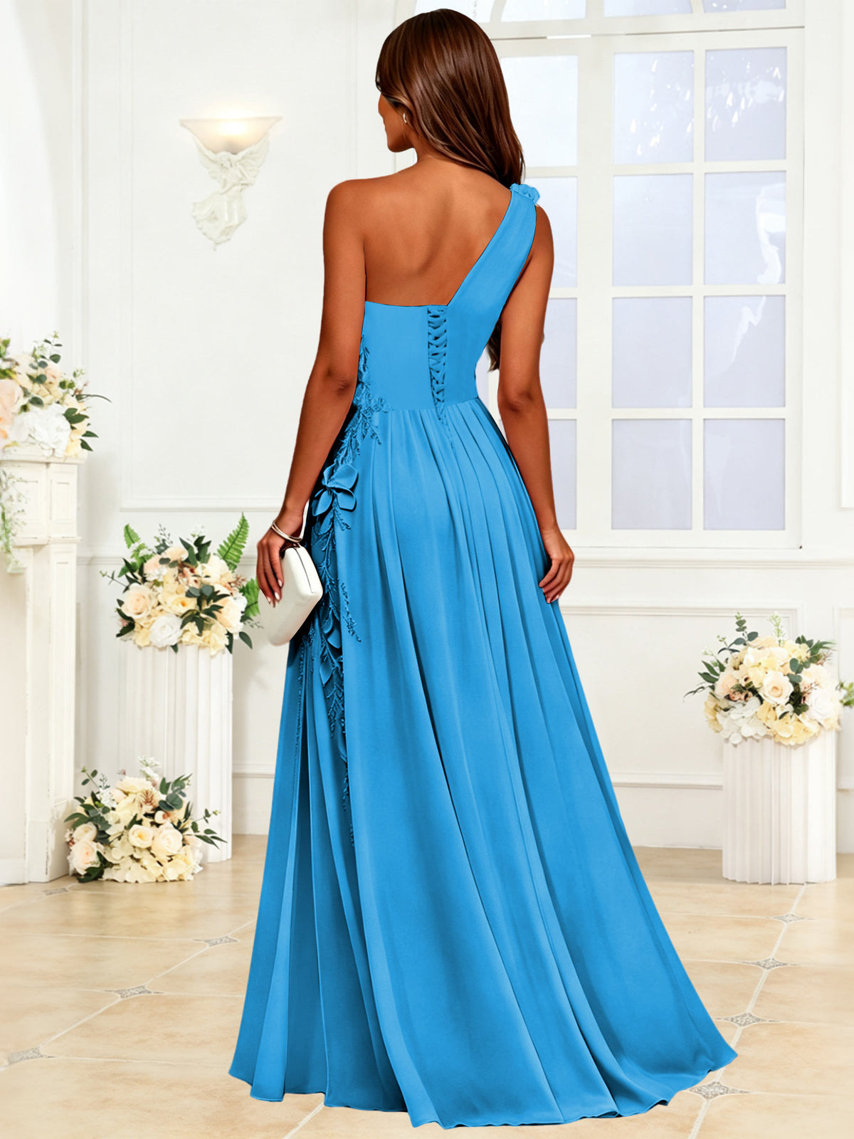 One Shoulder 3D Flower Chiffon Bridesmaid Dress with Slit