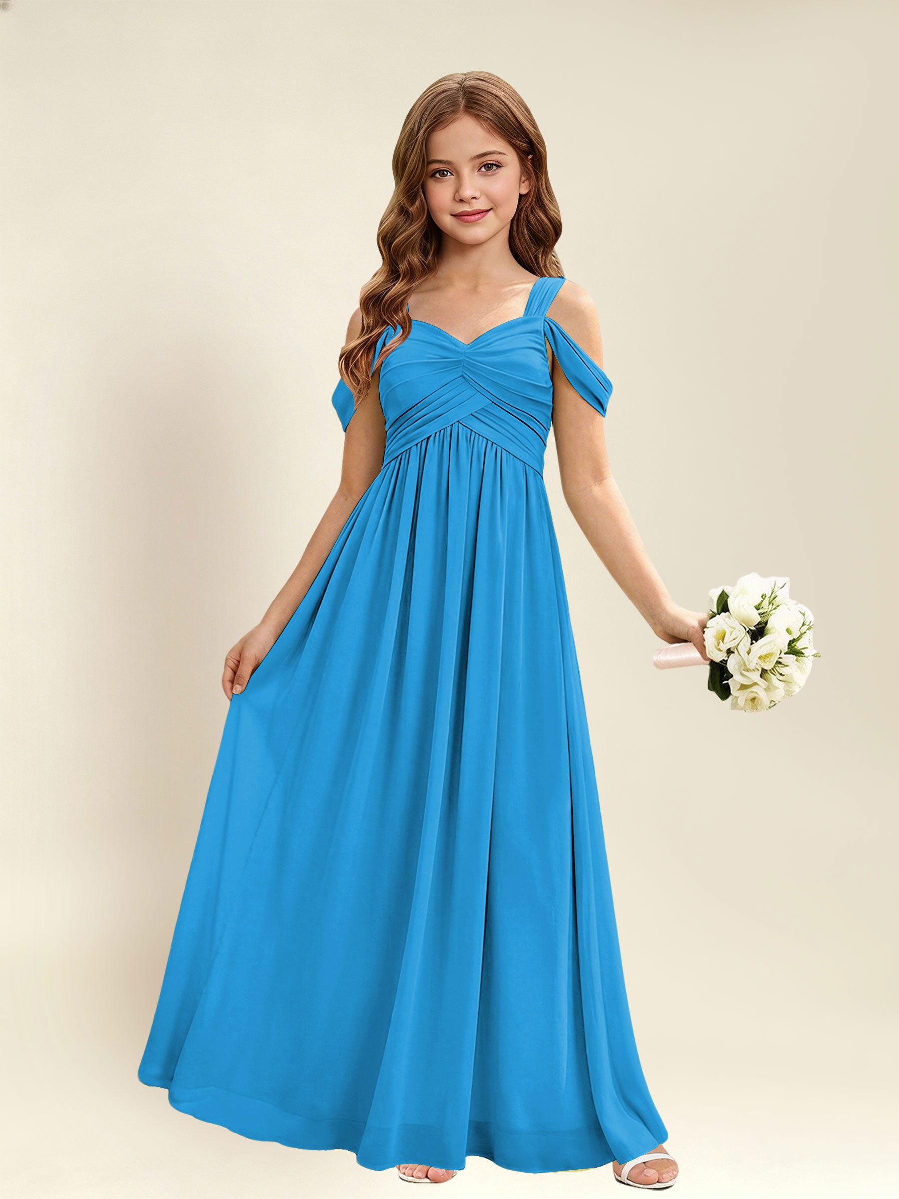 ROVDESY A-Line Off The Shoulder Pleated Chiffon Junior Bridesmaid Dress
