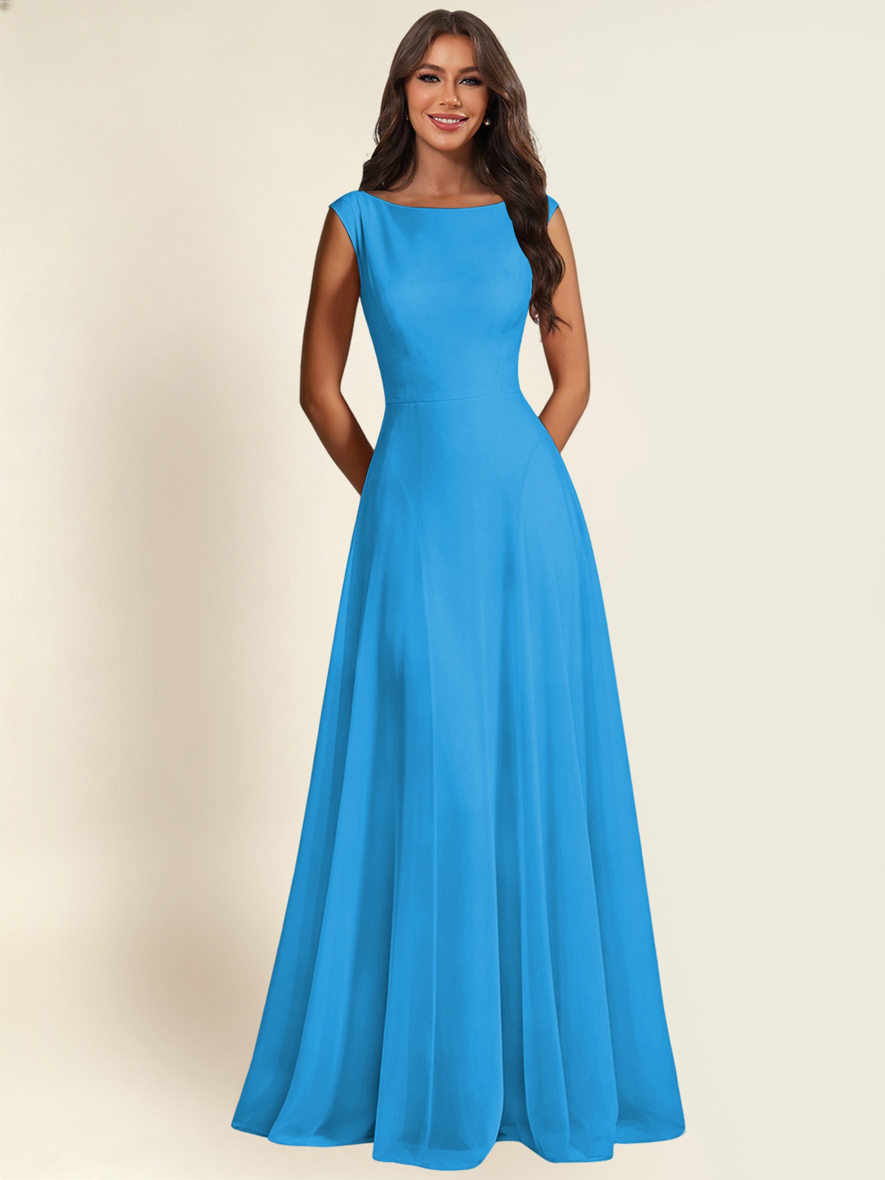 ROVDESY A-Line Chiffon Long Bridesmaid Dress With Sleeveless