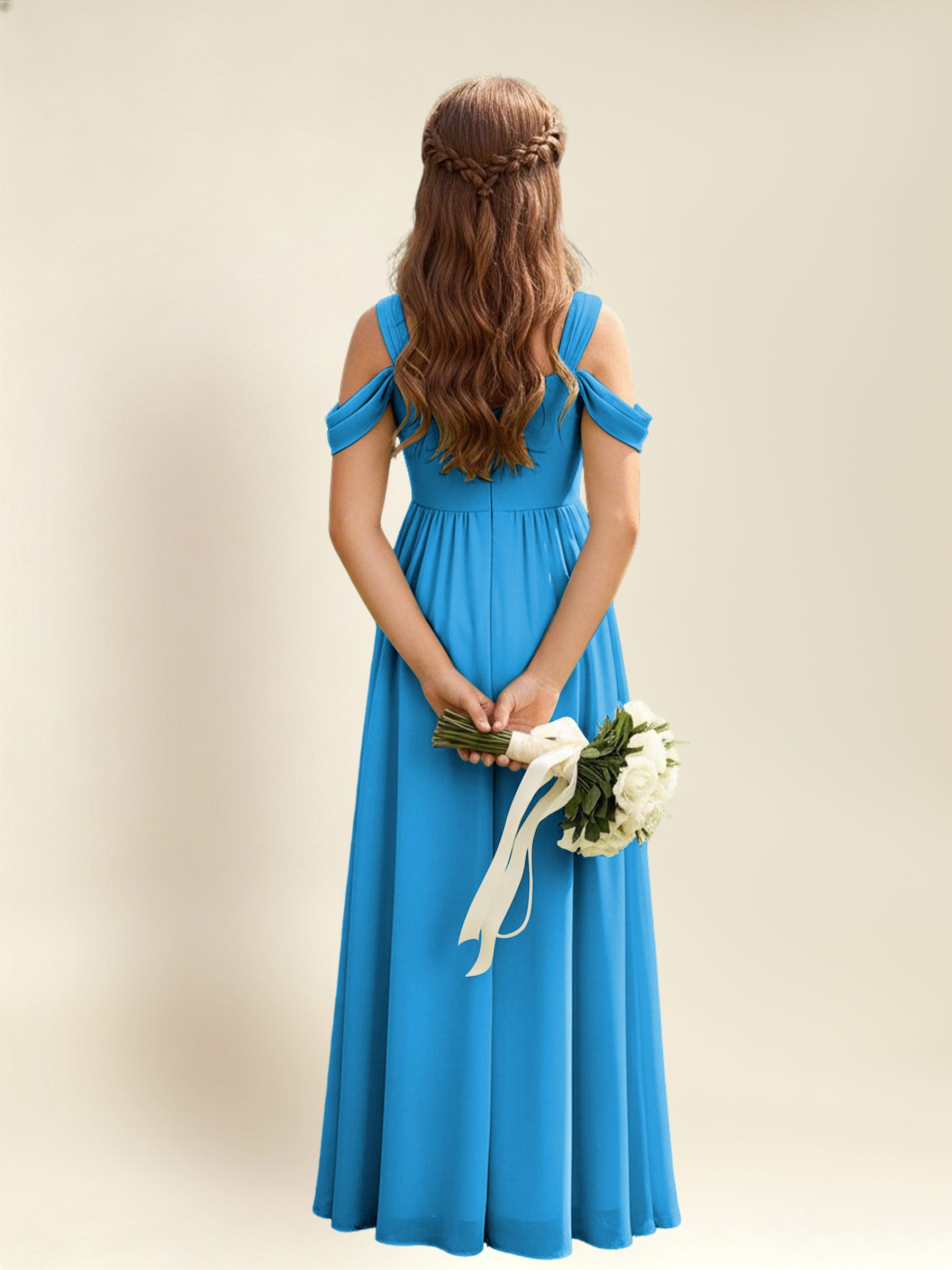 ROVDESY A-Line Off The Shoulder Pleated Chiffon Junior Bridesmaid Dress