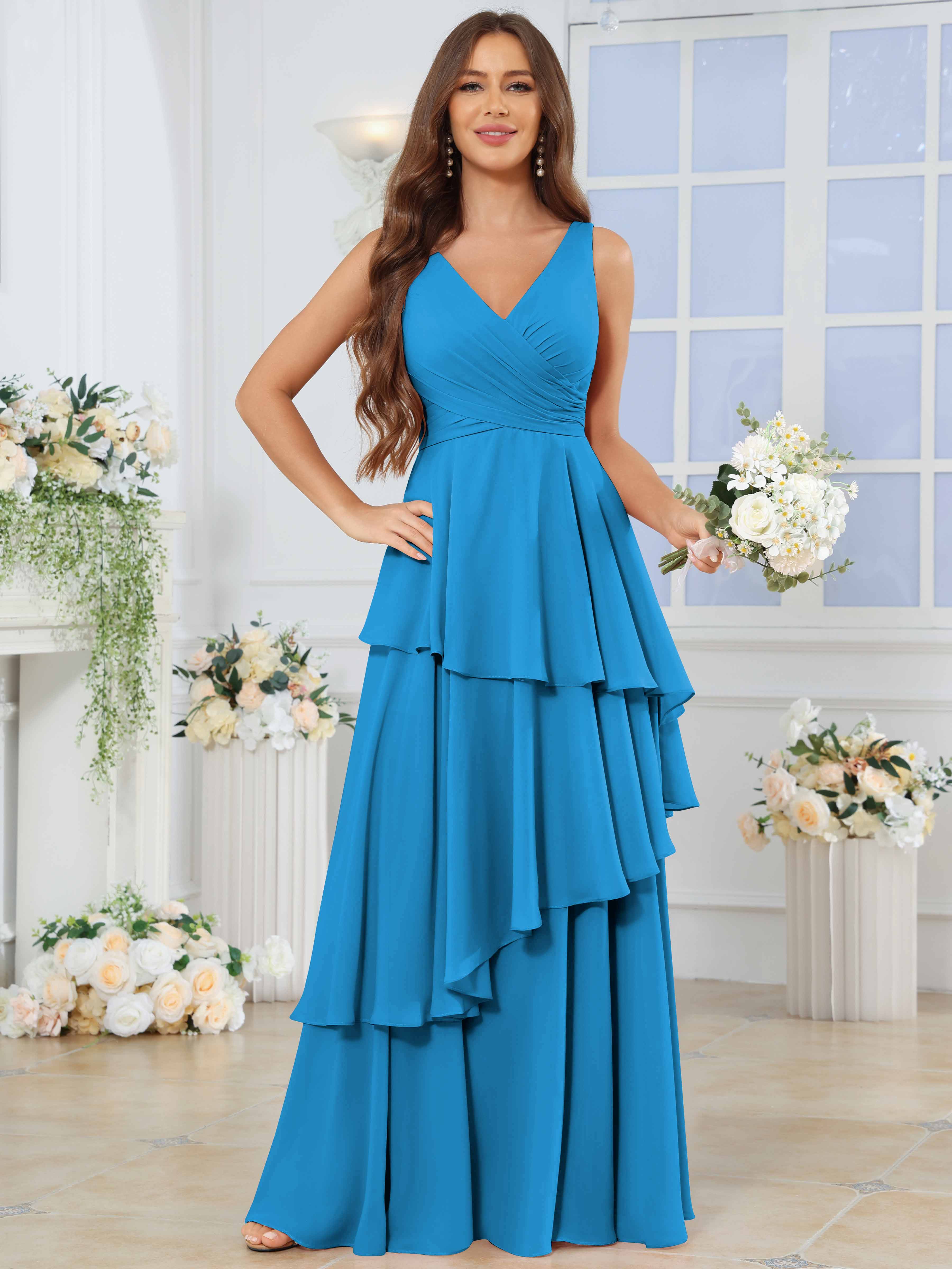 ROVDESY Long Sleeveless V-Neck Tiered Pleated Chiffon Bridesmaid Dress