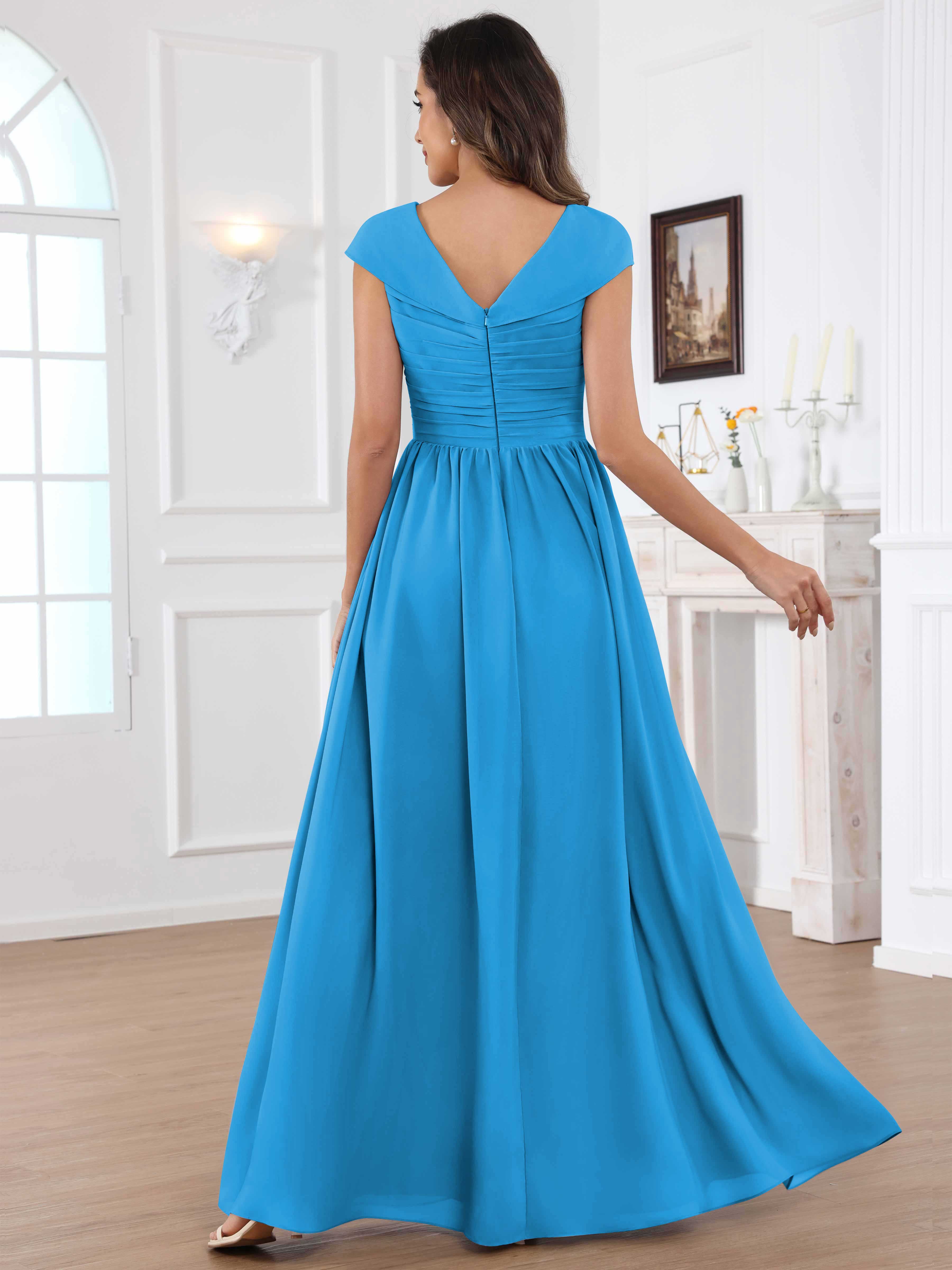 ROVDESY A-Line Cap Sleeves Pleated Chiffon Mother Of The Bride Dress