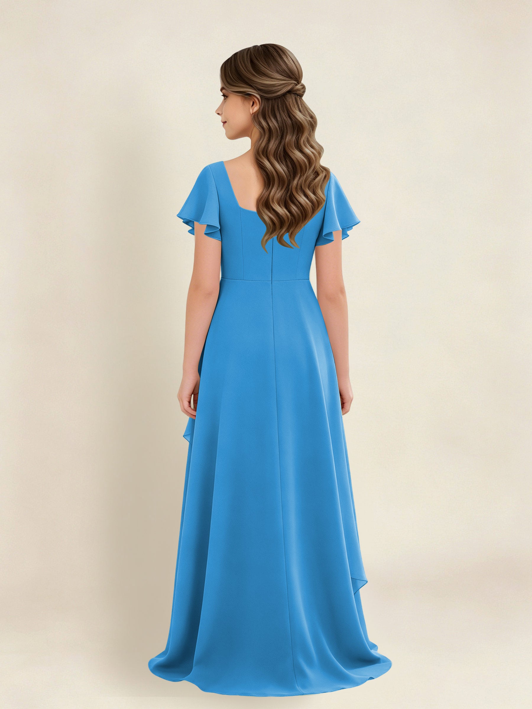 ROVDESY A-Line Square Neck Ruffle Chiffon Junior Bridesmaid Dress With Short Sleeves