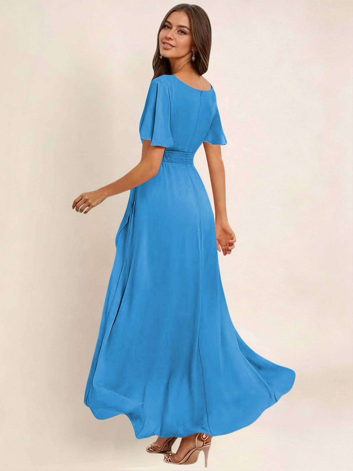 ROVDESY A-Line High Low Round Neck Pleated Ruffle Chiffon Bridesmaid Dress With Short Sleeves