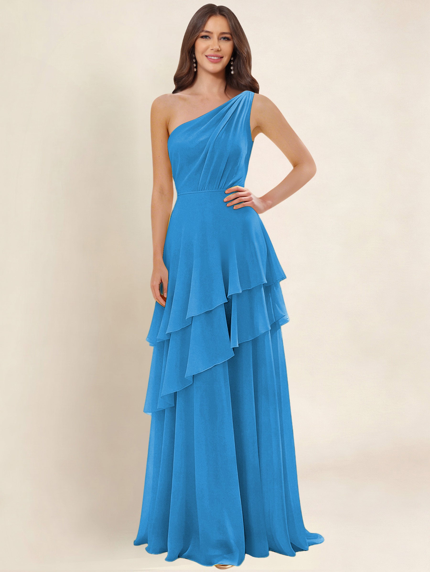 ROVDESY A-Line One Shoulder Pleated Tiered Chiffon Bridesmaid Dress