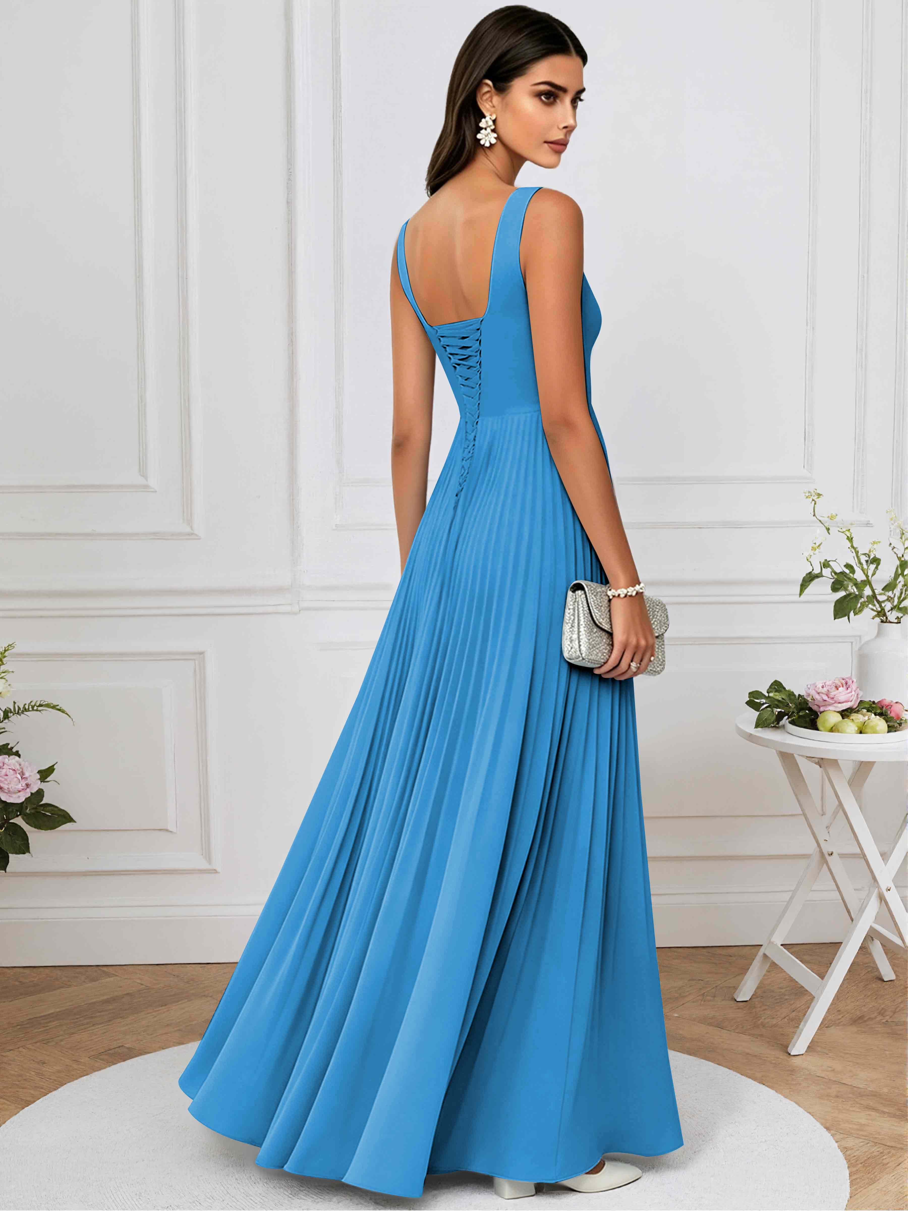 ROVDESY A-Line Square Neck Pleated Chiffon Long Bridesmaid/Prom Dress